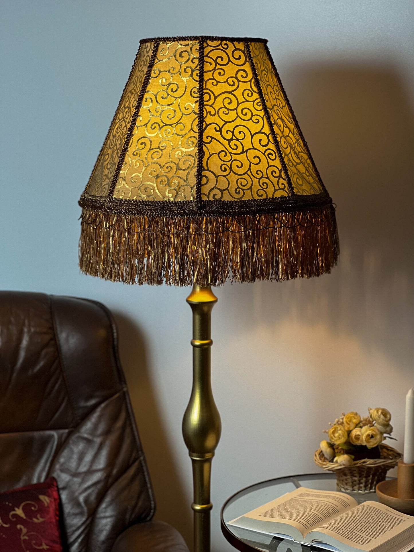 Lampshade. Luxurious Victorian fringed lampshade in brown and golden color