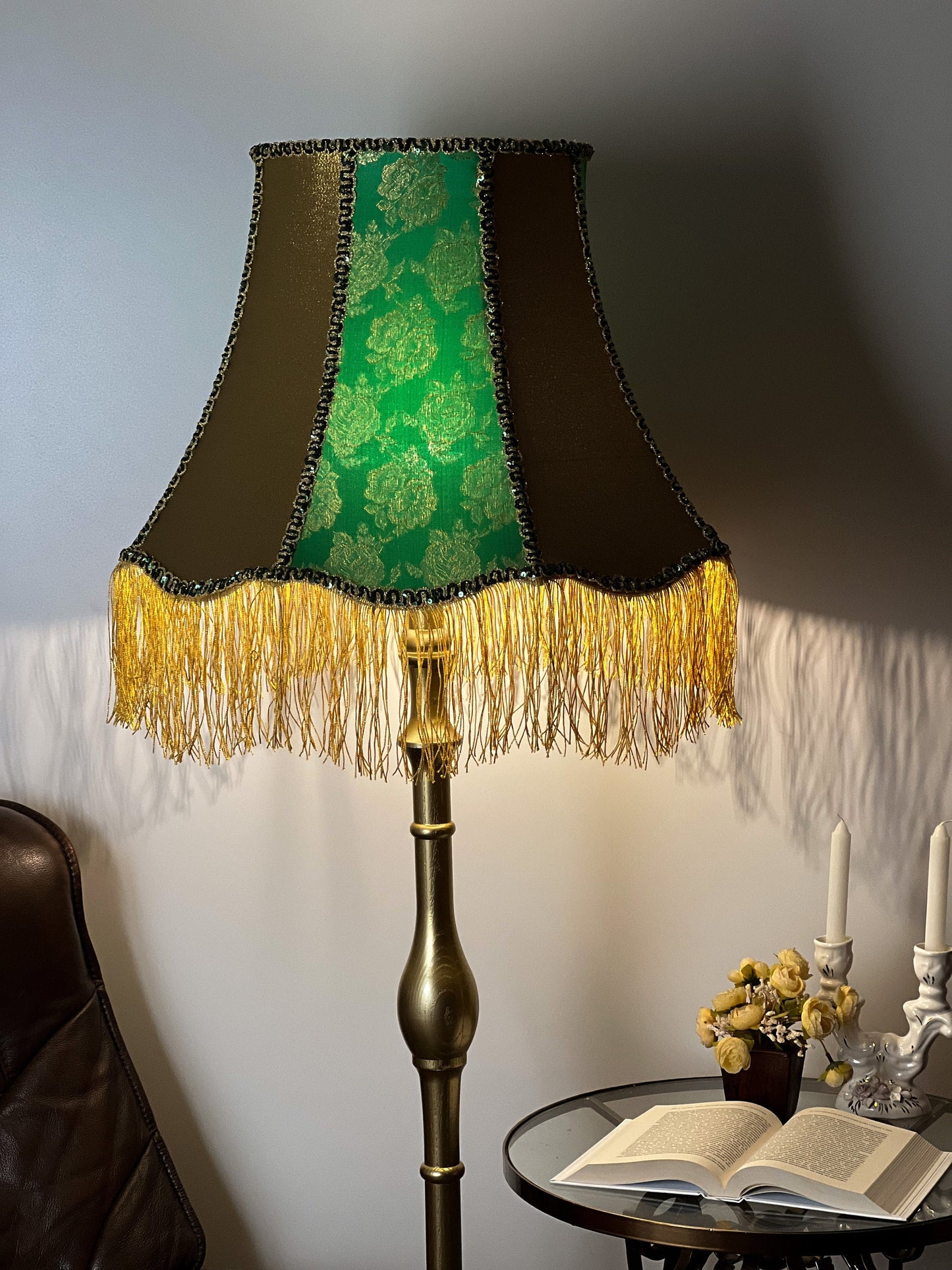 Lampshade, designer fabric, green lampshade with fringe. PRODUCT TO ORDER. 4703