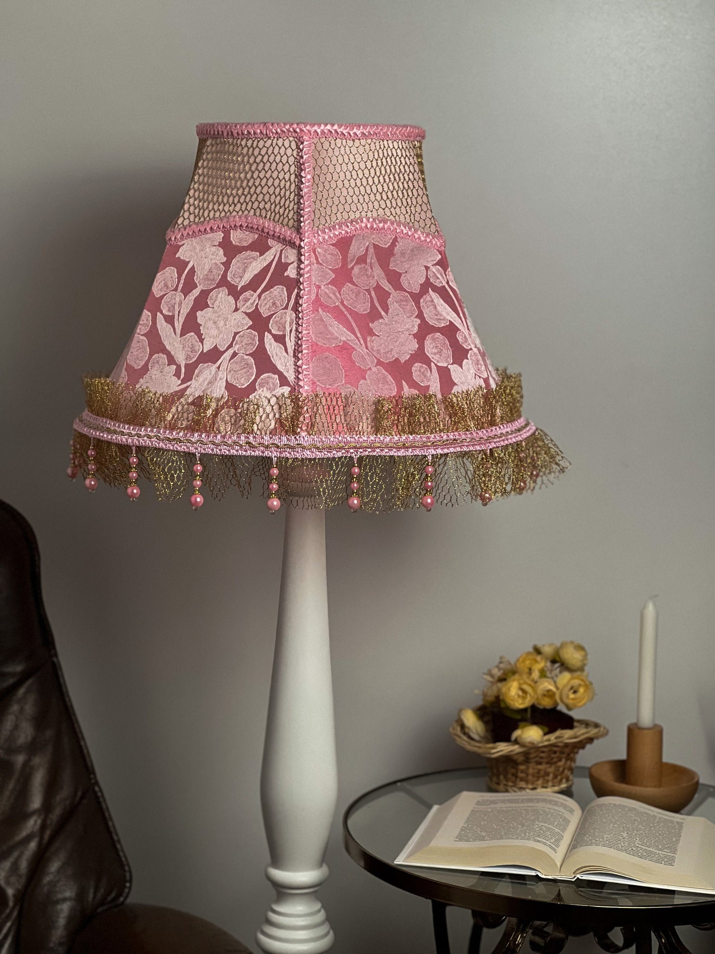 Handmade Pink Floral Lampshade with Fringe, Beads, and Patterned Fabric. 3607