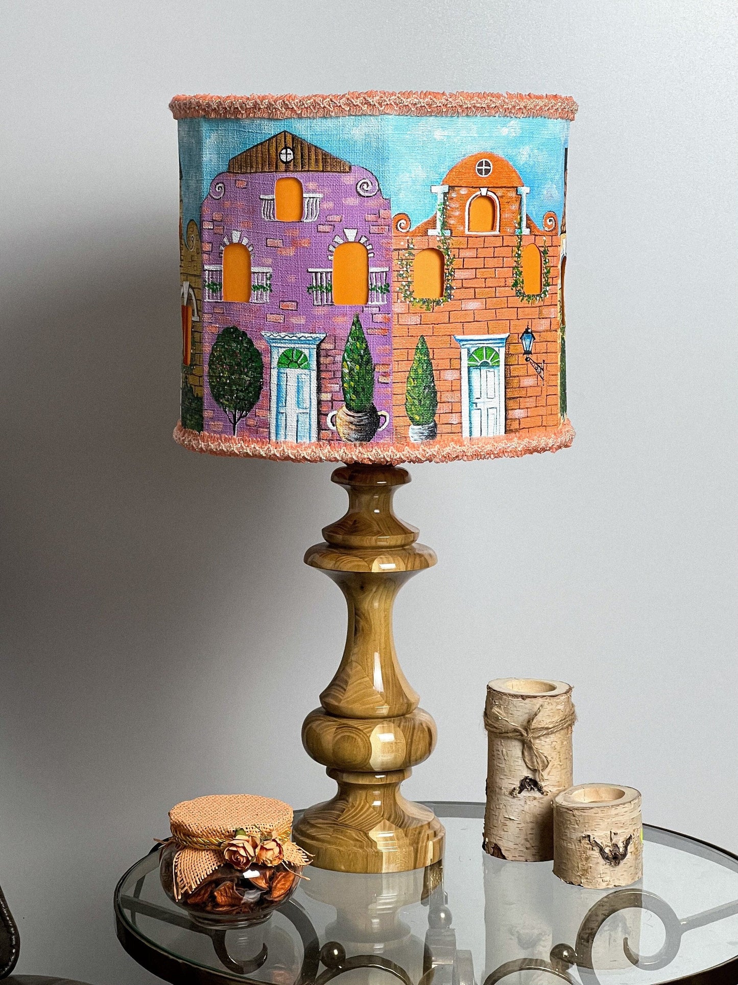 Table lamp with a unique lampshade, art deco style lamp, hand-painted shade. 3503