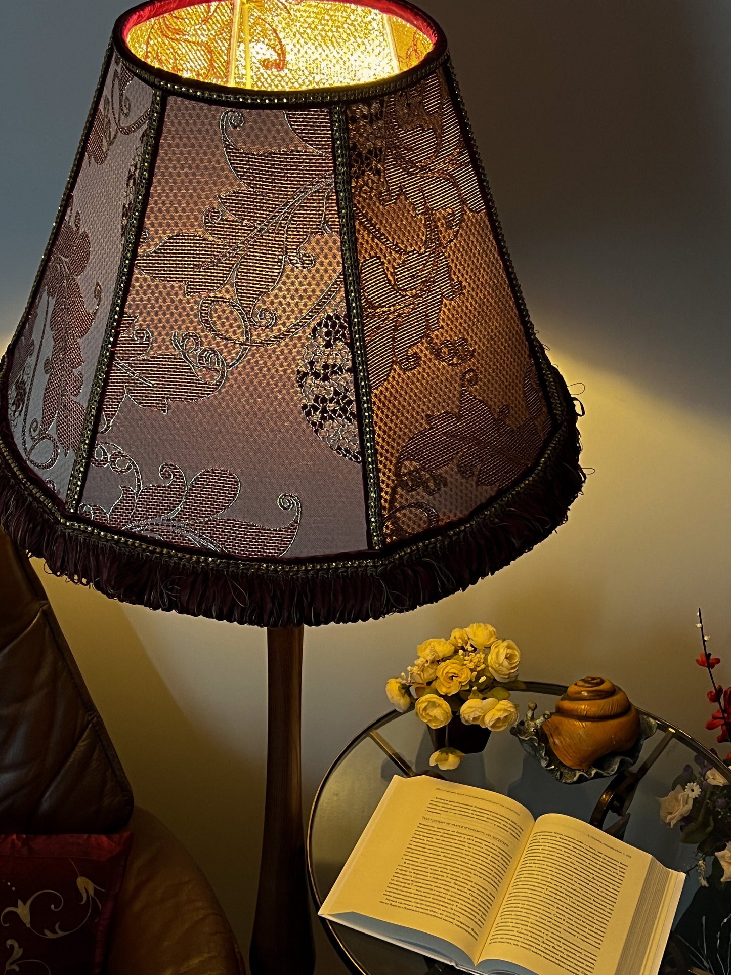 Victorian Lampshade with Pink Floral Fabric and Fringe