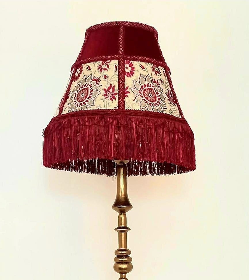 Lampshade red, floral lampshade with fringe. 3104