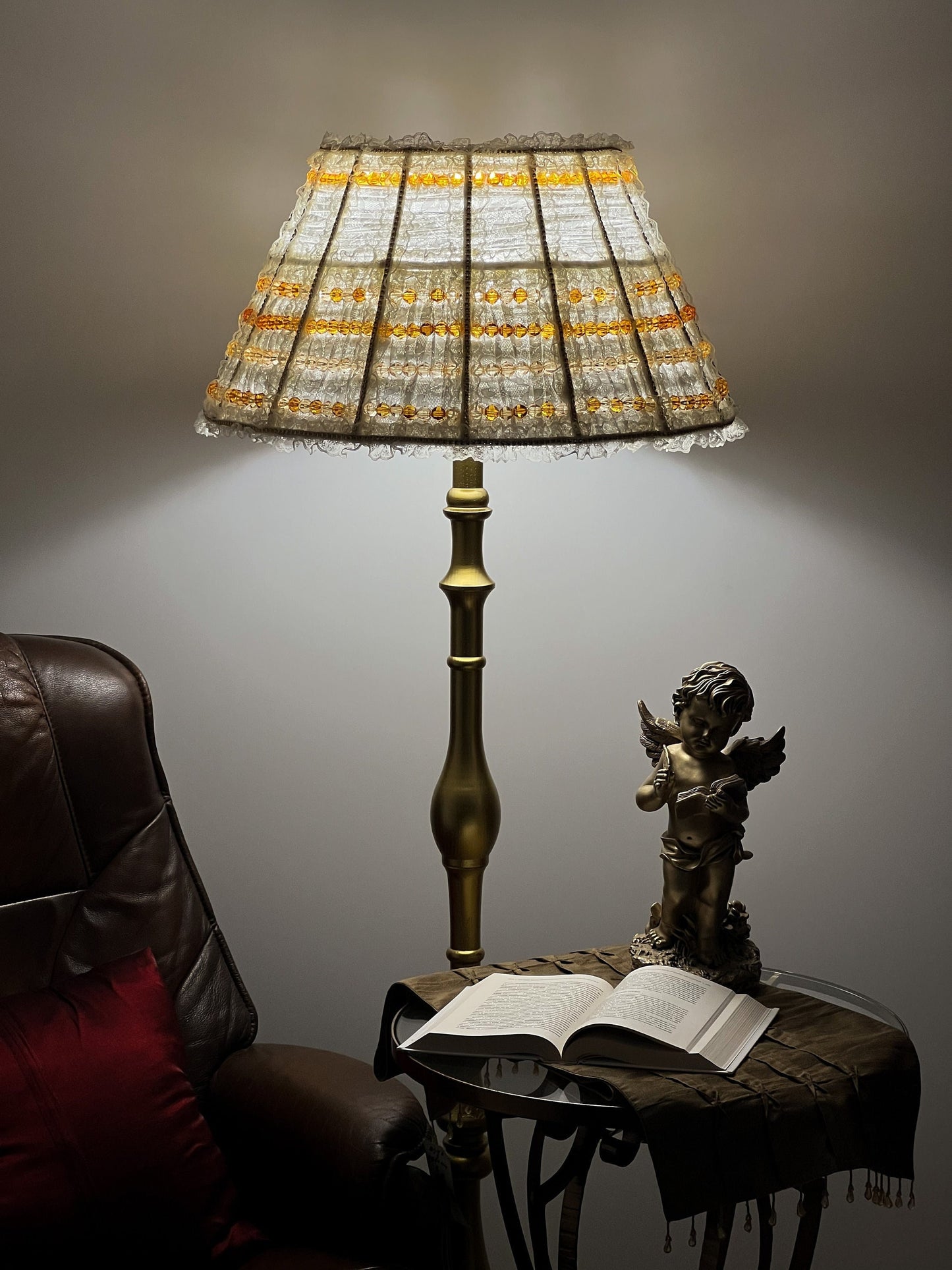 Lampshade. French Milk-Colored Guipure Lampshade with Lace Ribbon