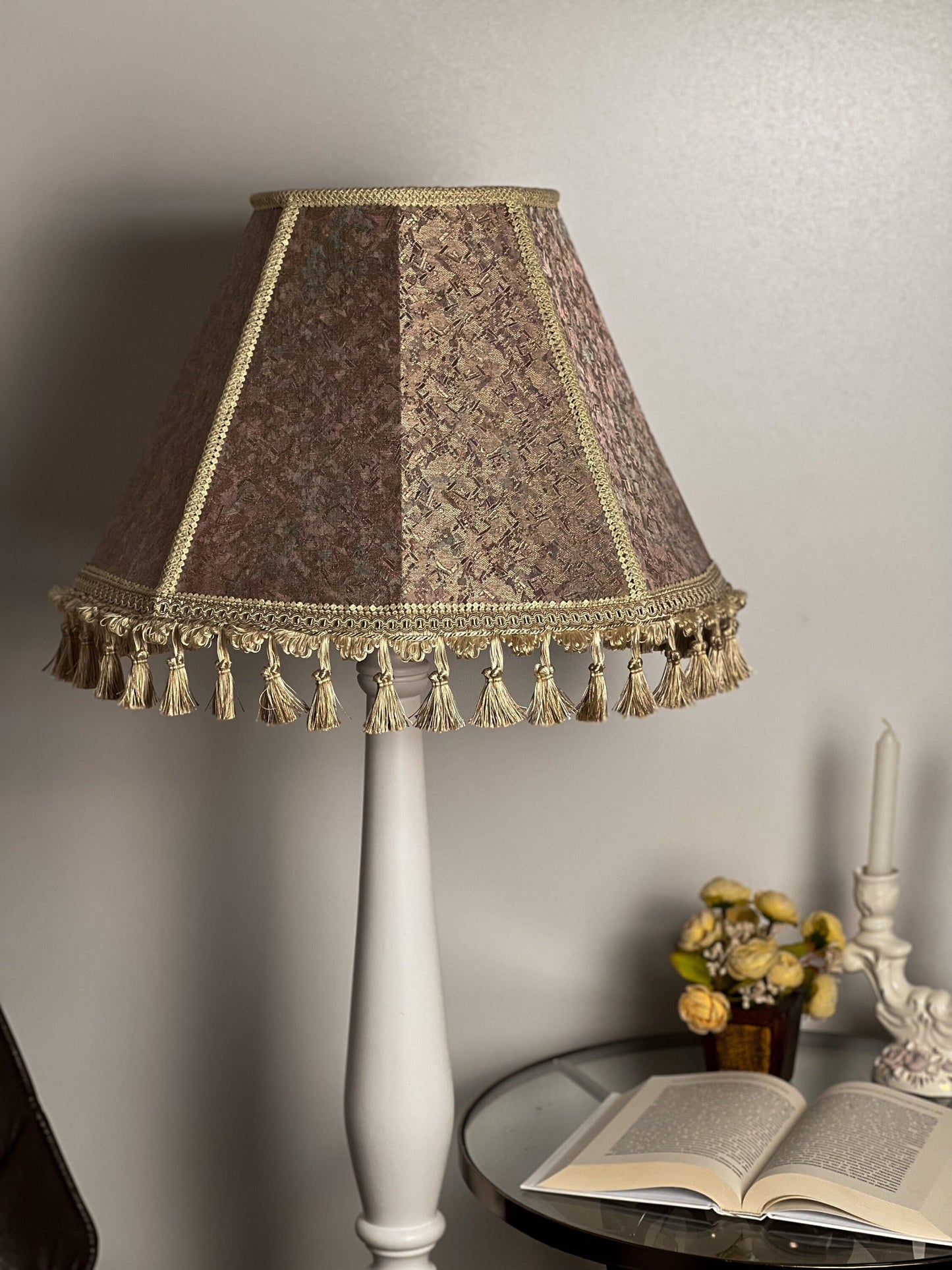 Lampshade, fabric lampshade with fringe and tassels. 7103