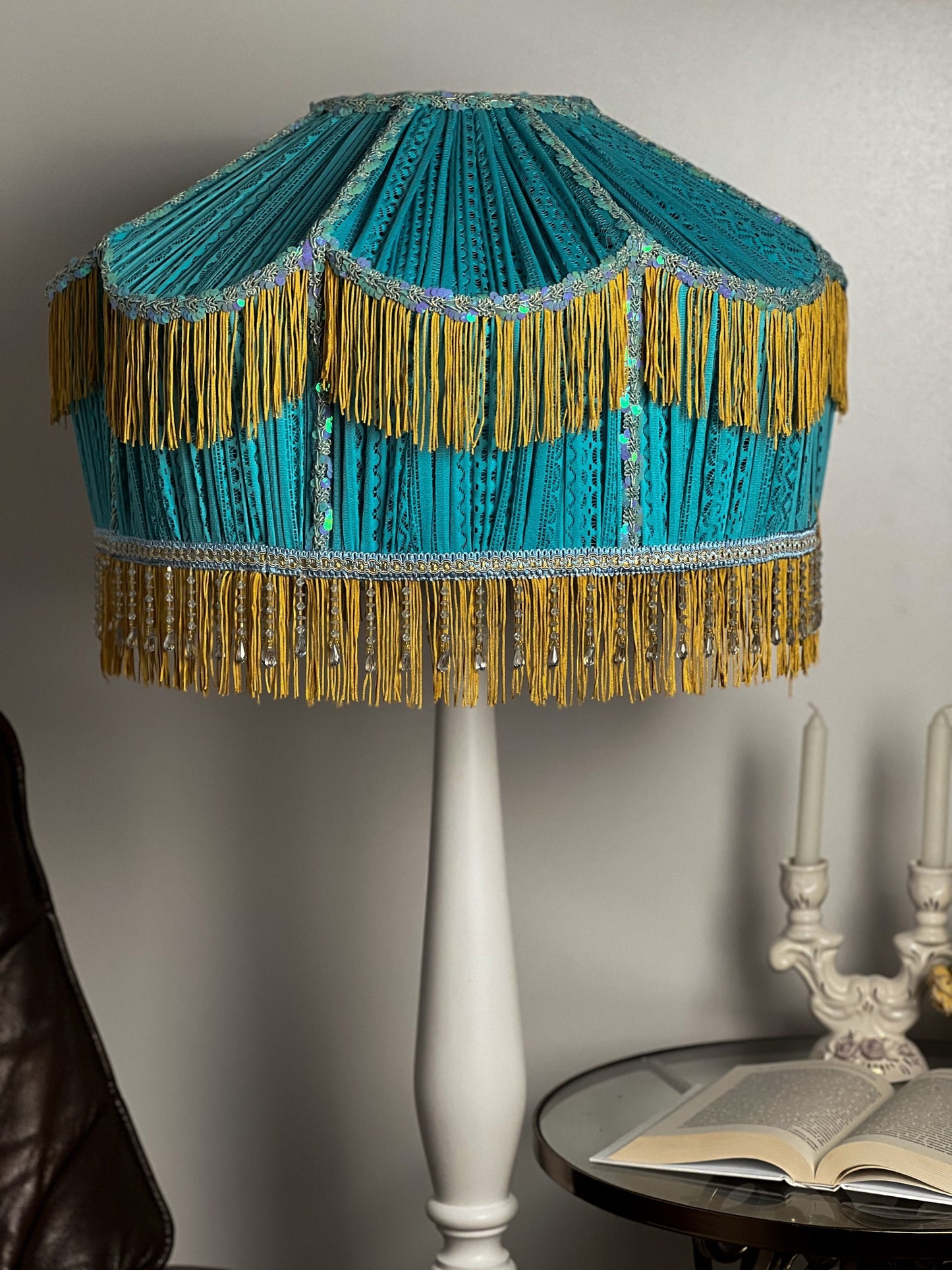 Lampshade. Art Deco Turquoise Guipure Lampshade with Long Fringe