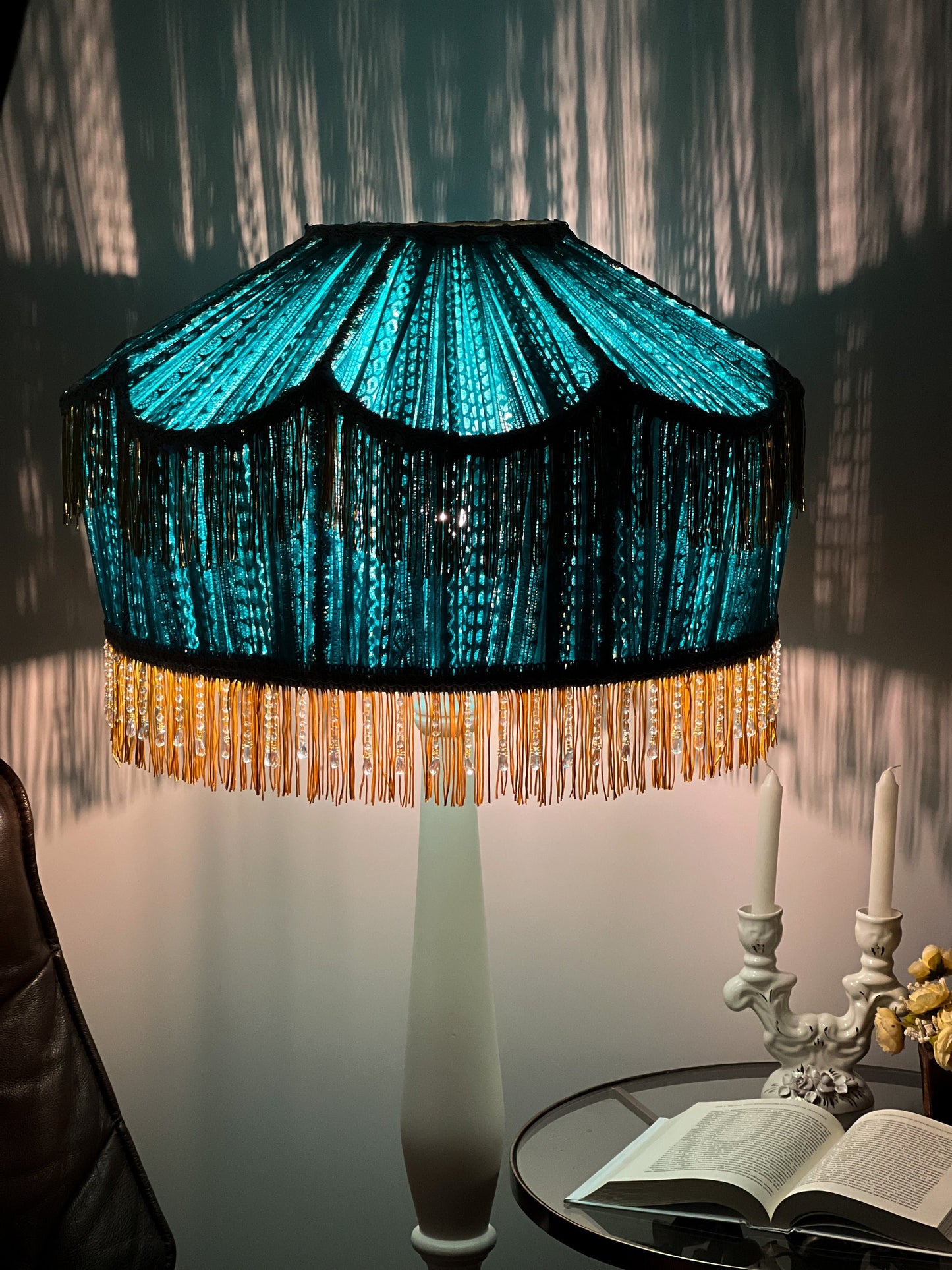 Lampshade. Art Deco Turquoise Guipure Lampshade with Long Fringe
