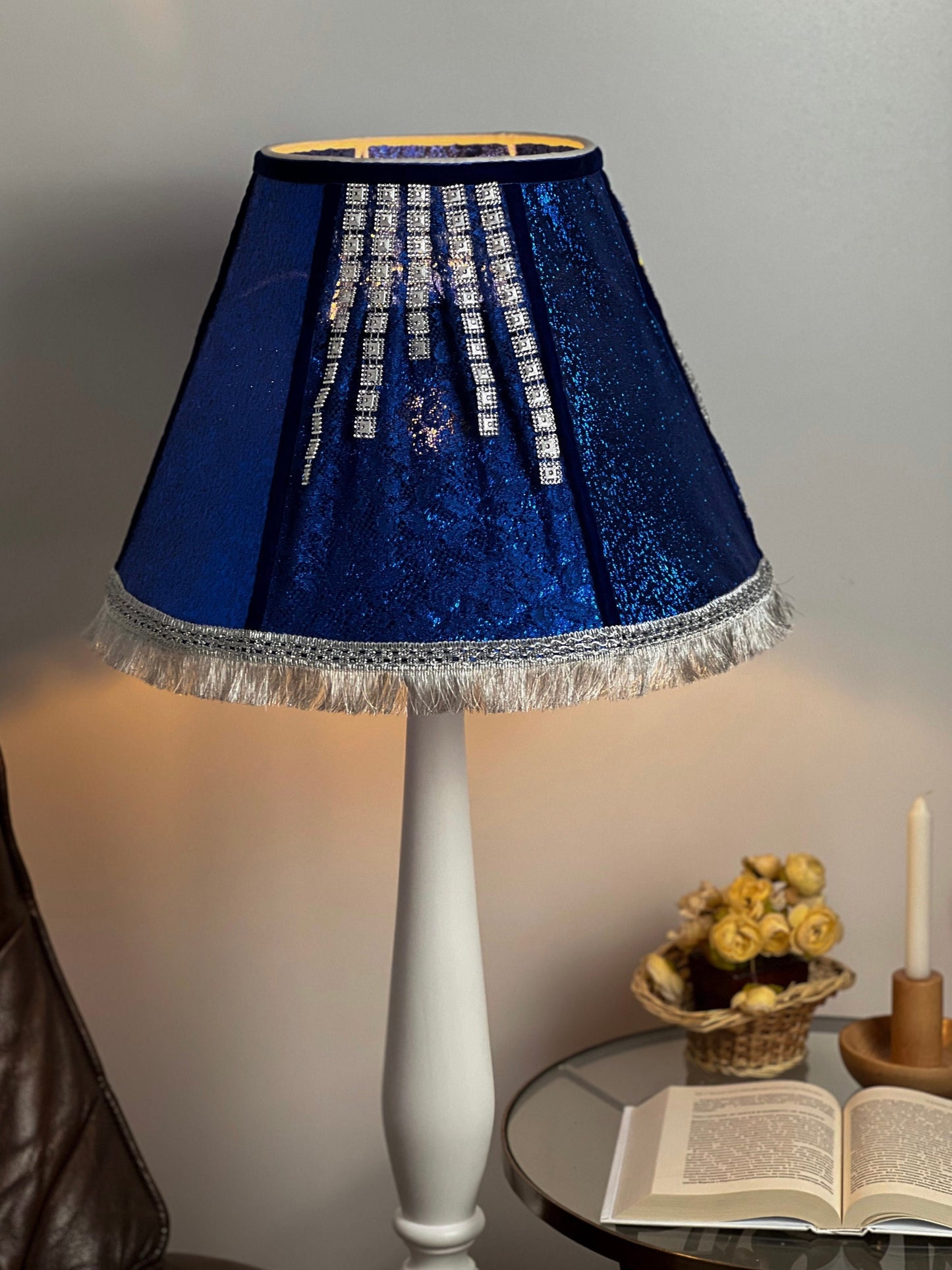 Lampshade. Blue Victorian Fringed Deco Lampshade - Luxury Handmade Lampshade for Home Decor