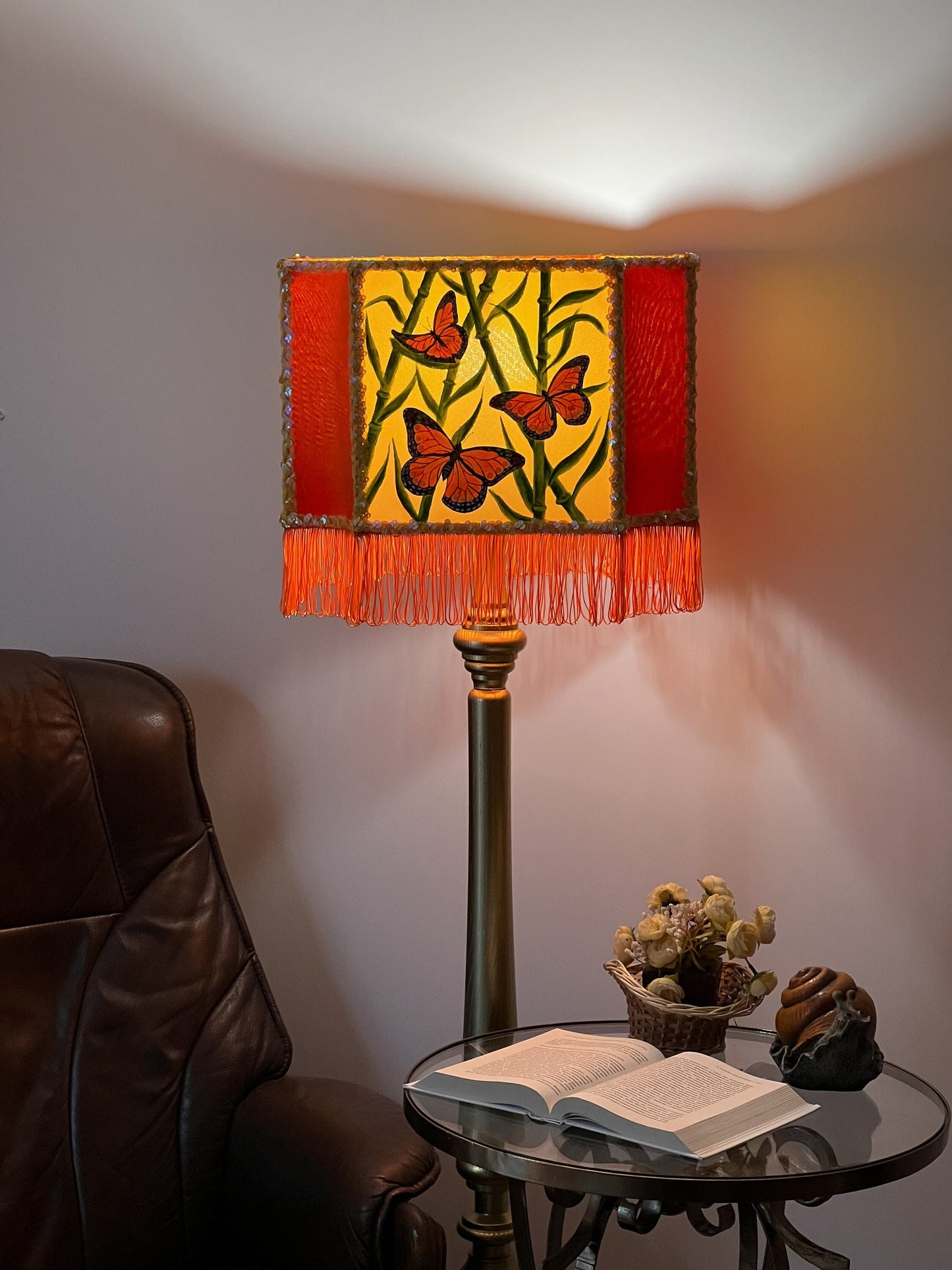 Orange lampshade, art deco lampshade, unique hand-painted lampshade. 2807