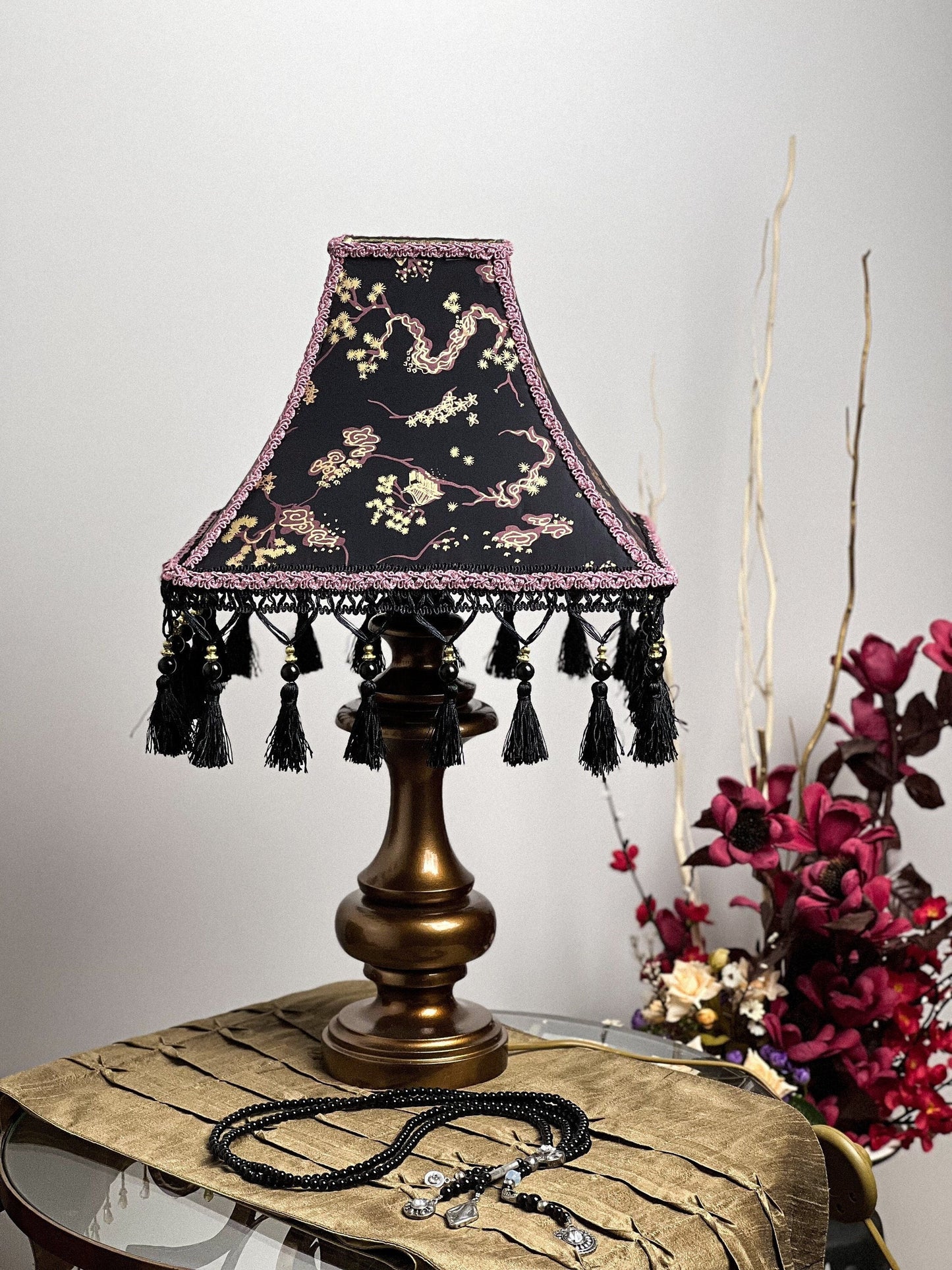 Black and lilac Japanese-style lampshade with print and fringe. PRODUCT TO ORDER. 300102