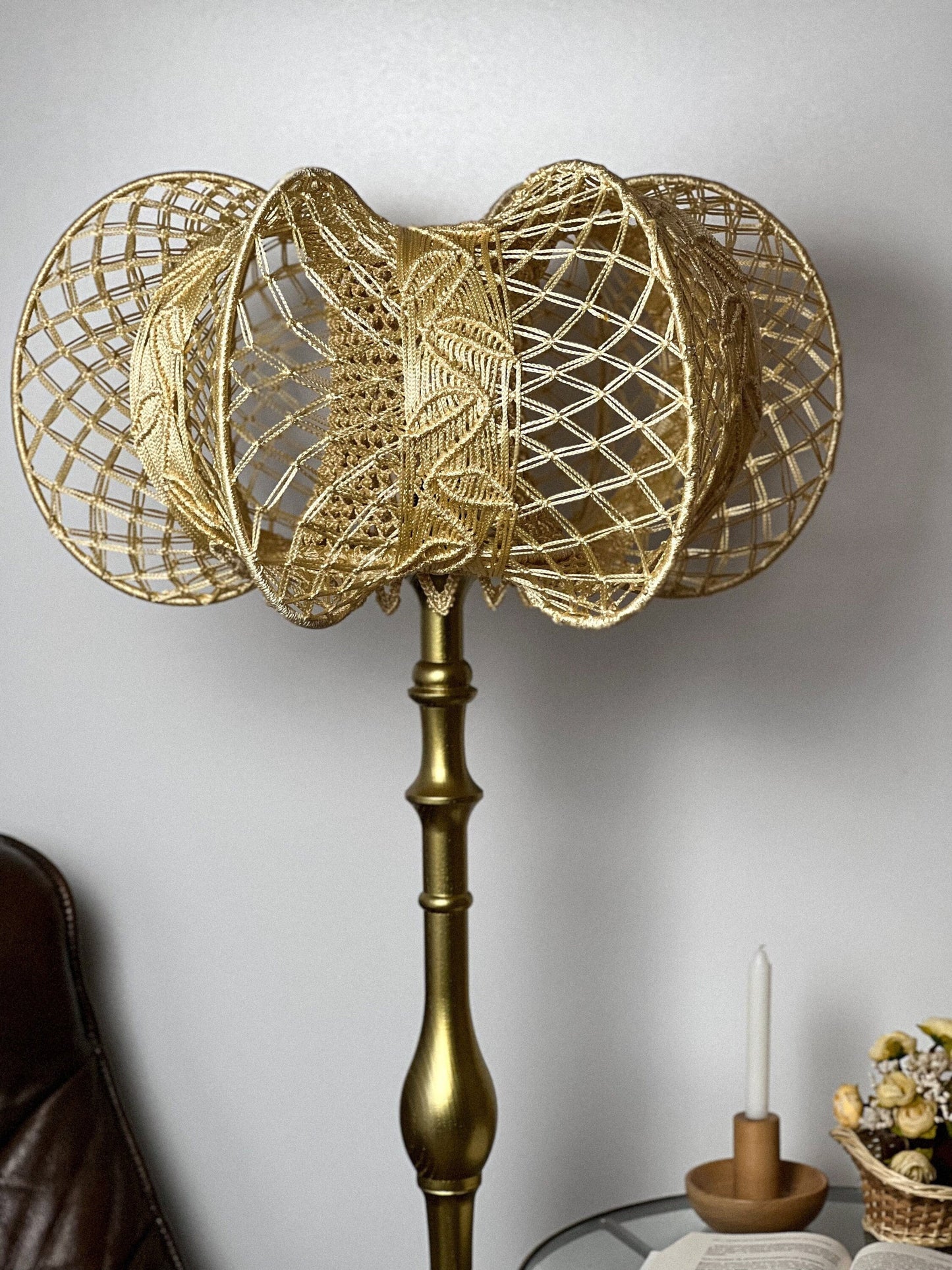 A unique macrame lampshade with a complex panel design. 2207