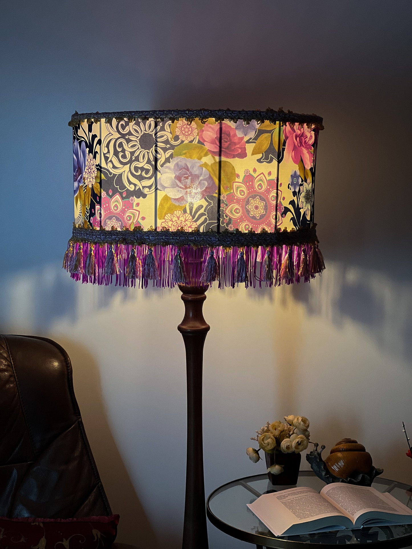 Floral Pattern Victorian Lampshade with Fringe and Tassel Trimmings. PRODUCT TO ORDER