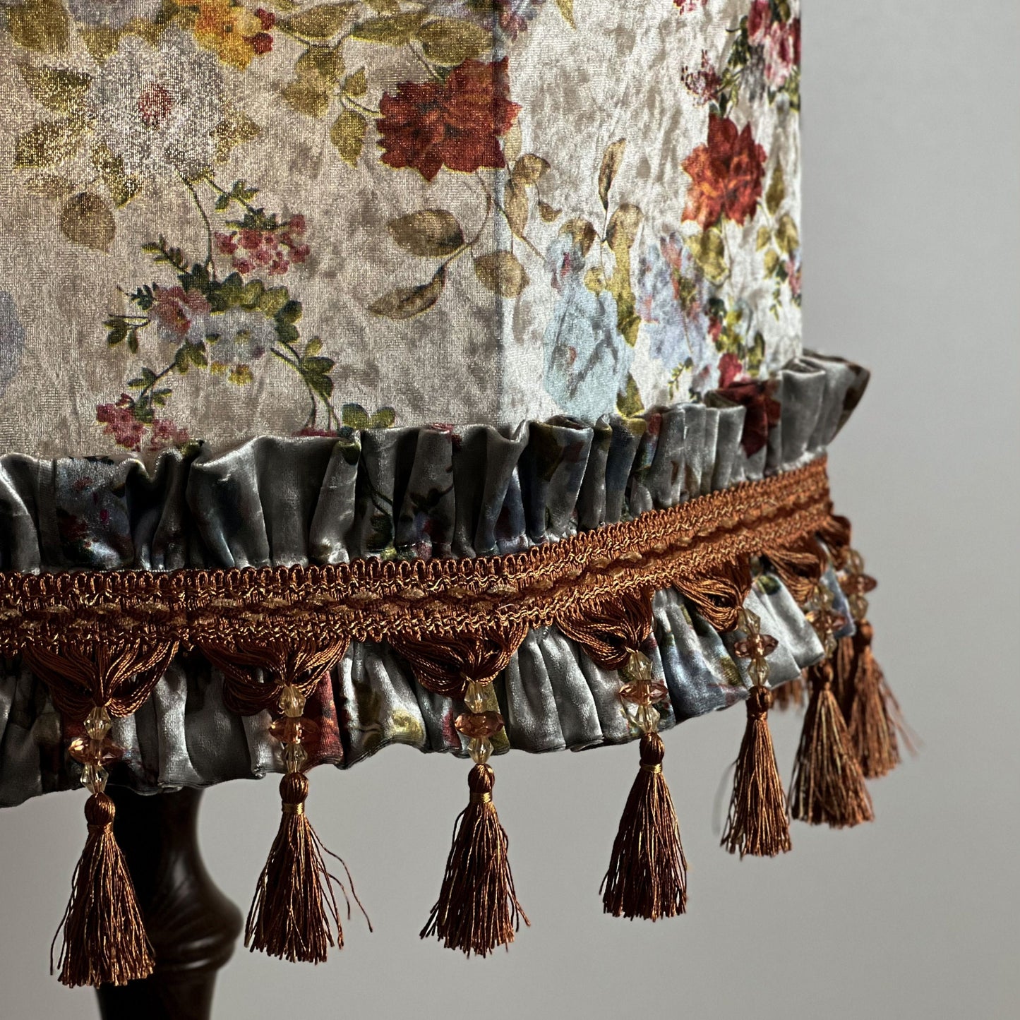 Lampshade. Handmade floral beauty with fringe and tassels will decorate your home.