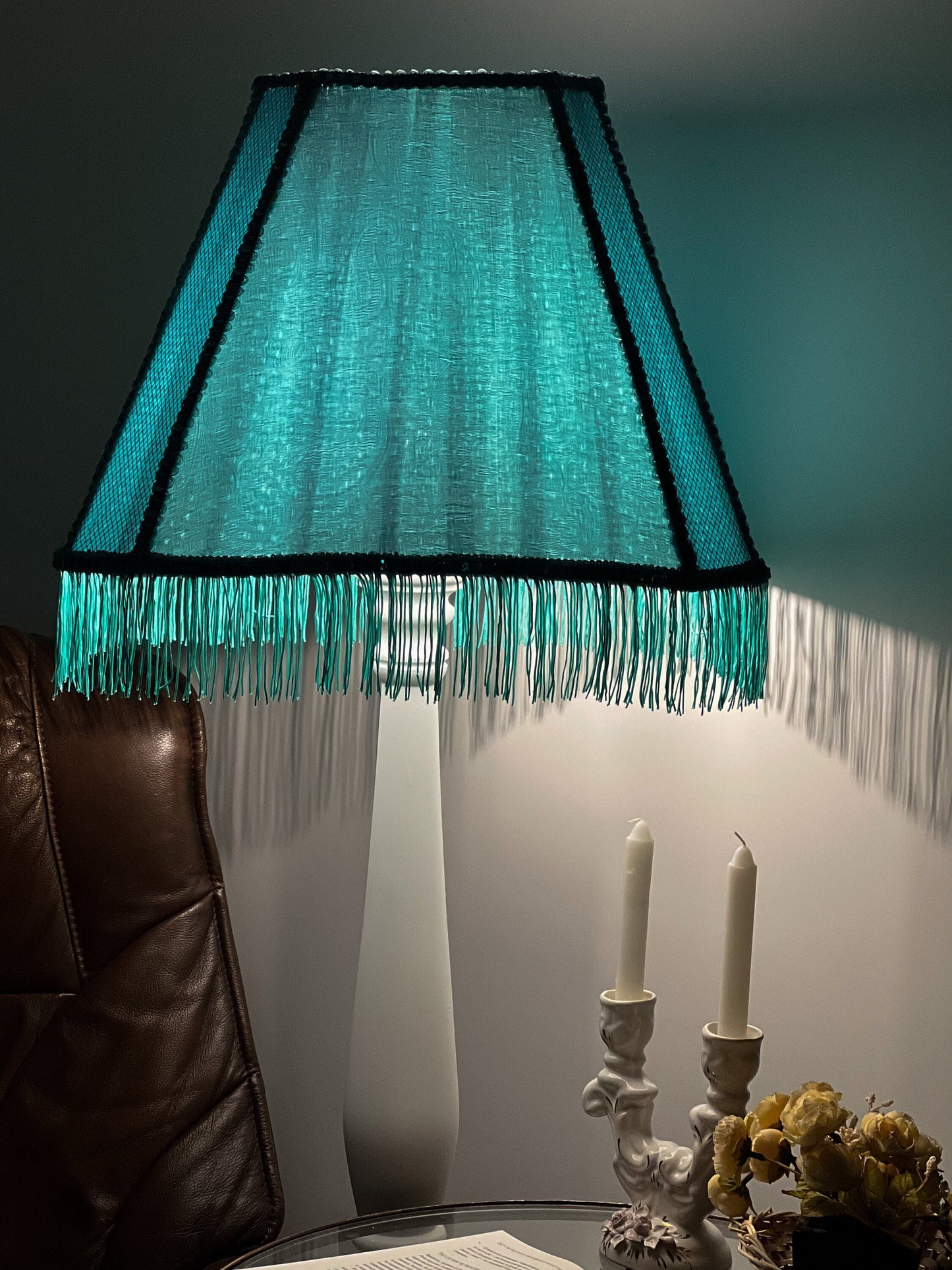 Fabric lampshade in turquoise color with sequins and fringe. Art deco styles. 3402