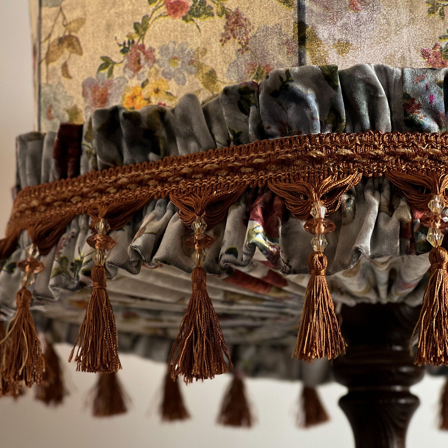 Lampshade. Handmade floral beauty with fringe and tassels will decorate your home.