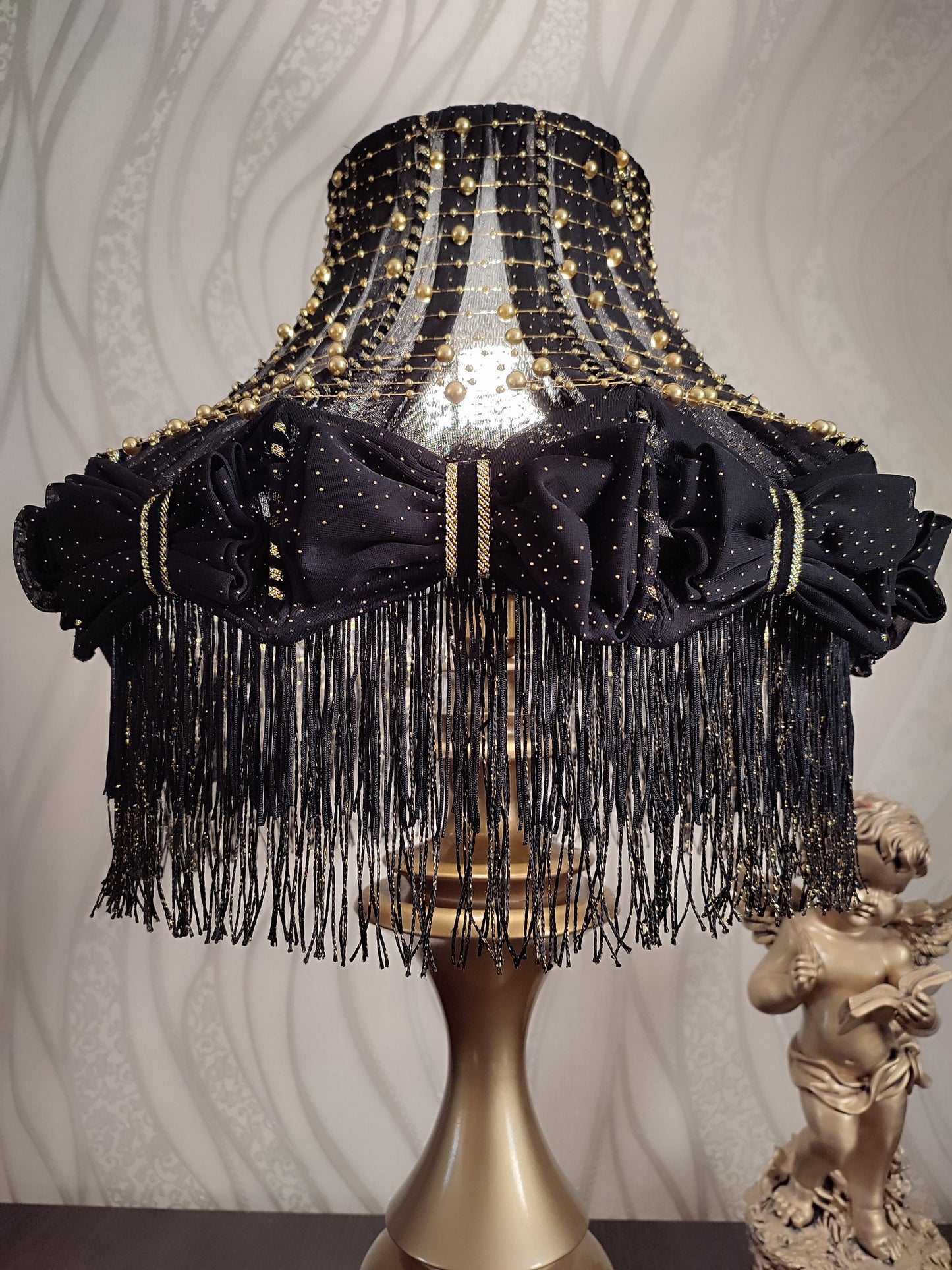 Table lamp with fringe, black table lamp, unique lamp with beads. 1302