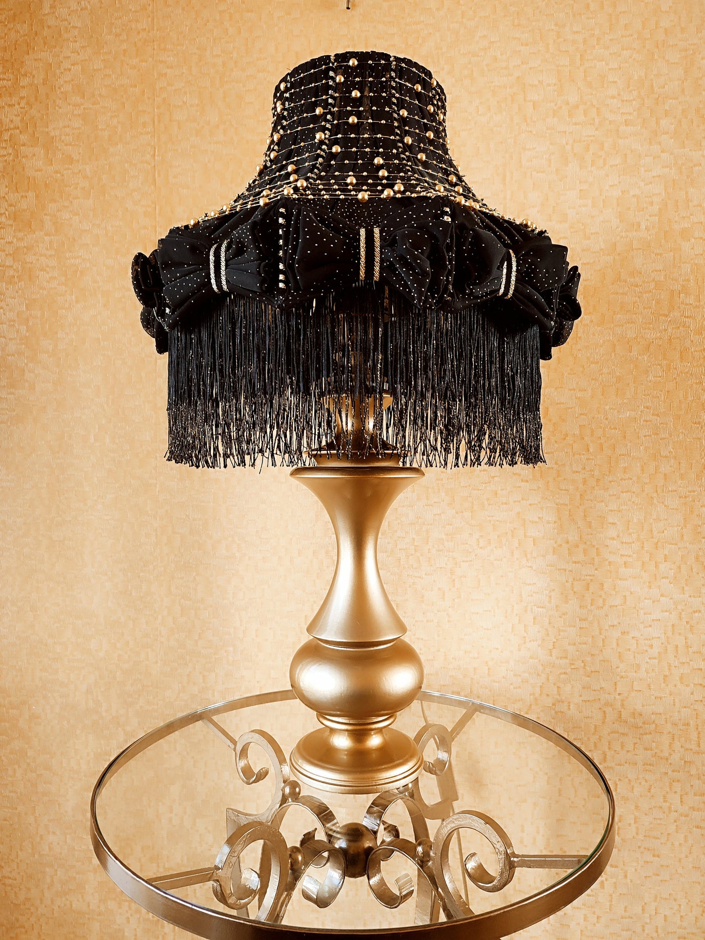 Table lamp with fringe, black table lamp, unique lamp with beads. 1302