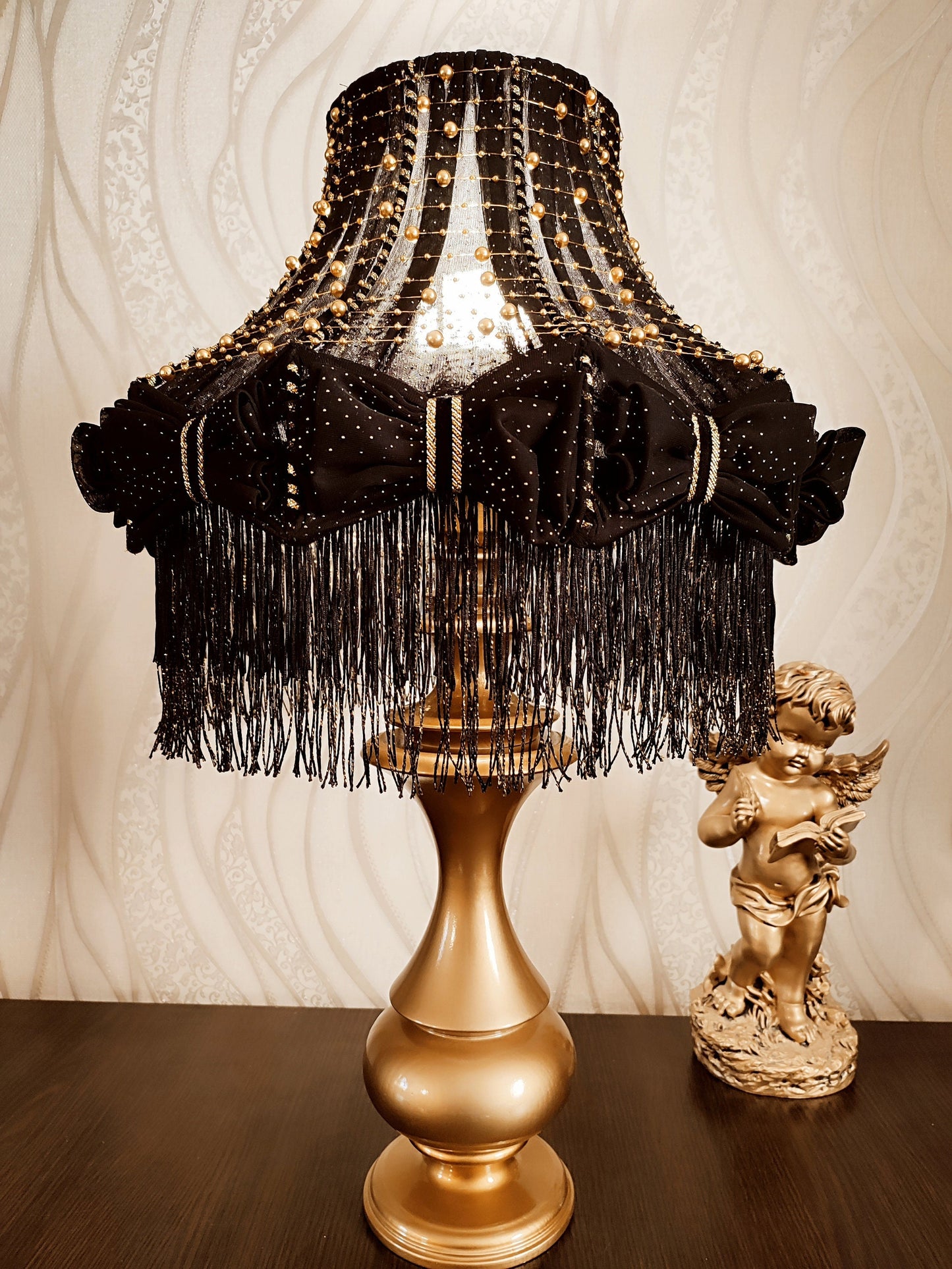 Table lamp with fringe, black table lamp, unique lamp with beads. 1302