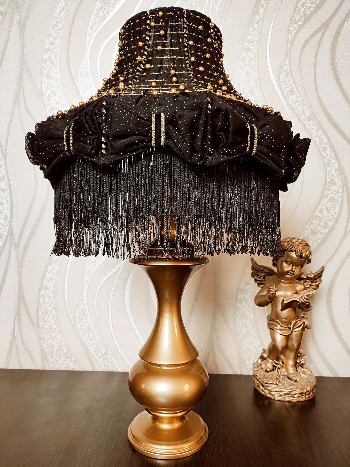 Table lamp with fringe, black table lamp, unique lamp with beads. 1302