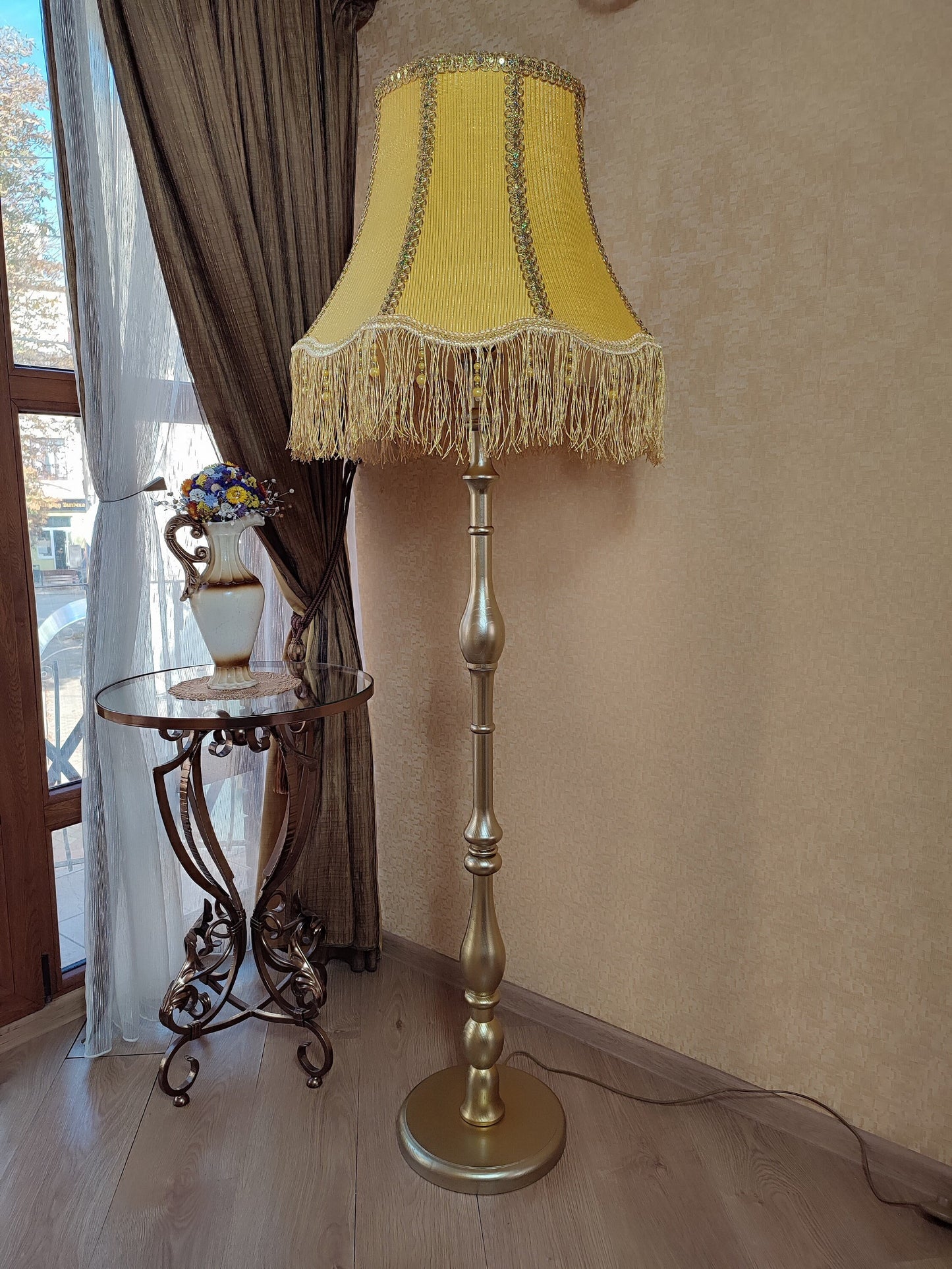 Floor lamp with yellow fabric shade with fringe. 4701 Product to order!