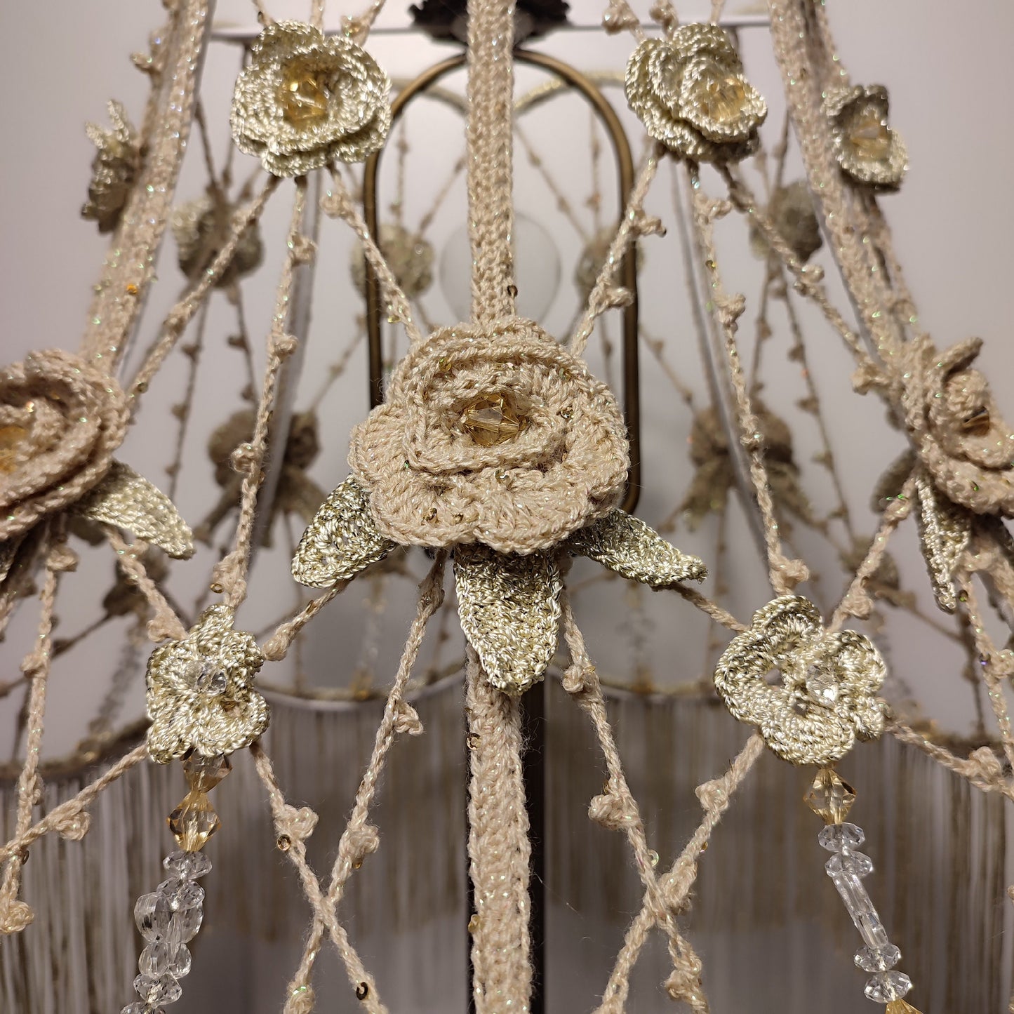 Lampshade, Chic macrame lampshade with beads, floral accents and fringe. 2004