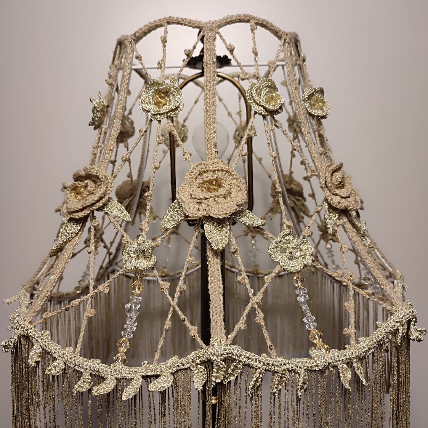 Lampshade, Chic macrame lampshade with beads, floral accents and fringe. 2004
