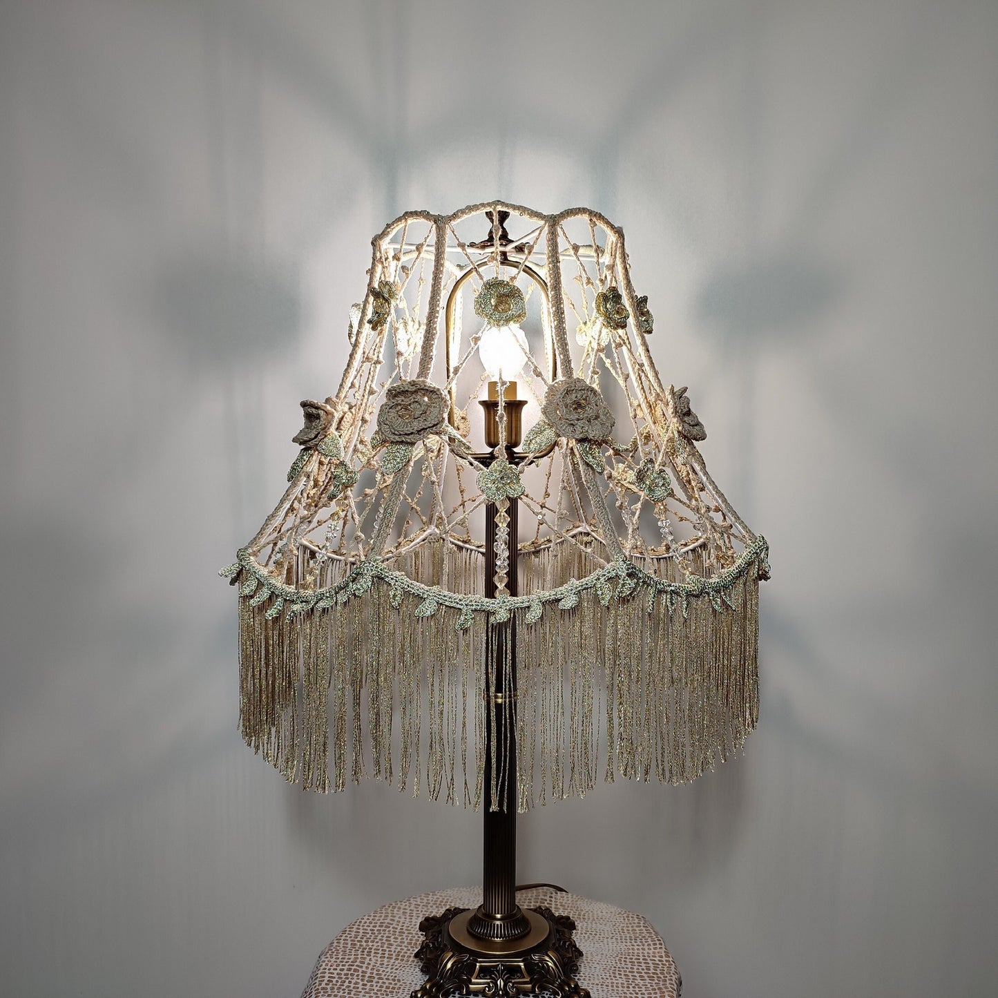 Lampshade, Chic macrame lampshade with beads, floral accents and fringe. 2004