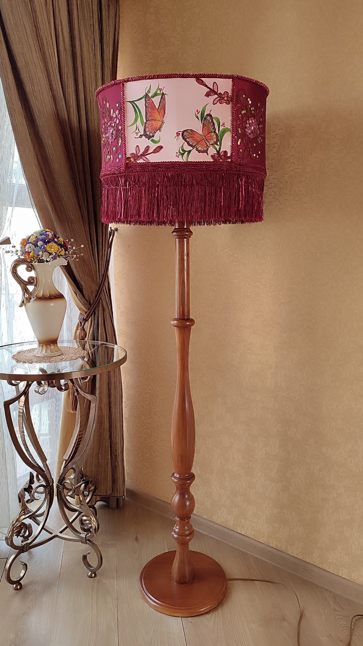 Unique lamp, floor lamp,handmade home lamp, art deco lamp, burgundy lampshade, Vintage Decor, Rustic Lamp. 1805