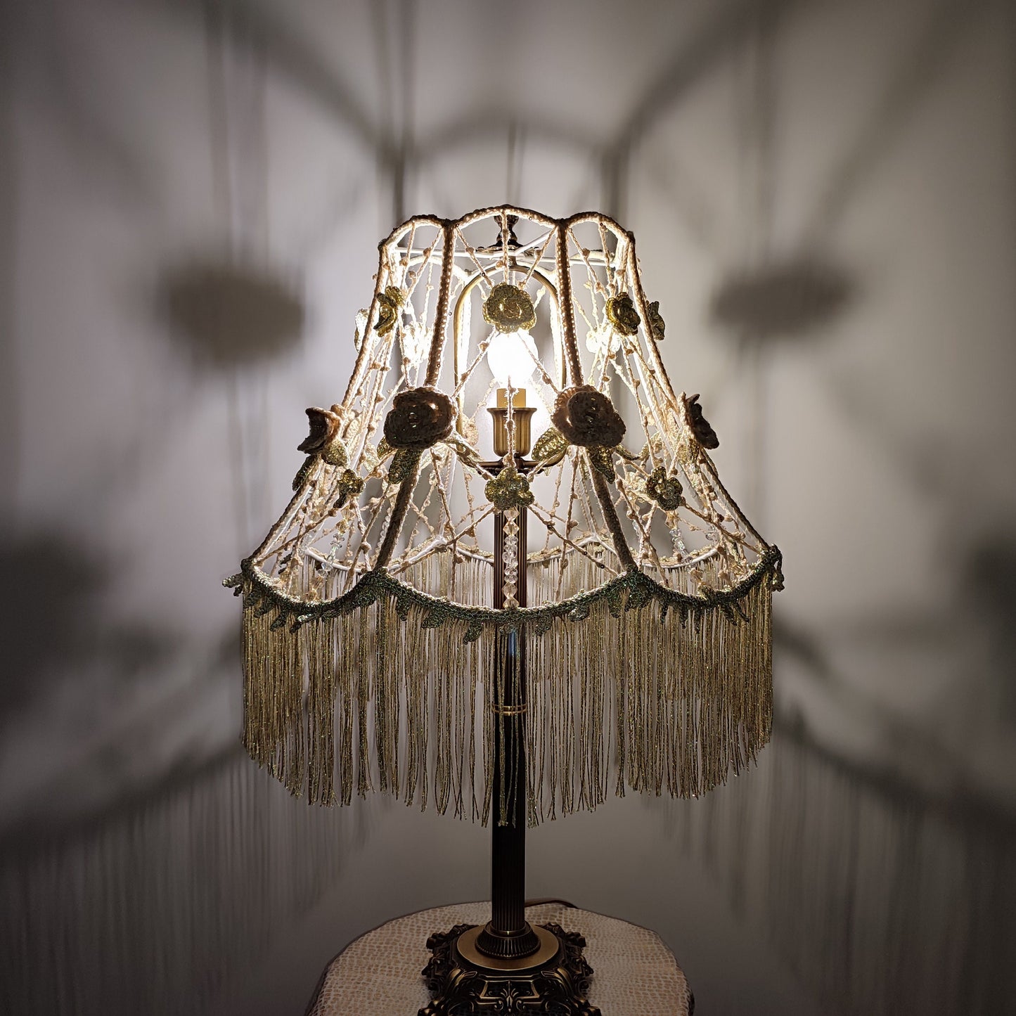 Lampshade, Chic macrame lampshade with beads, floral accents and fringe. 2004