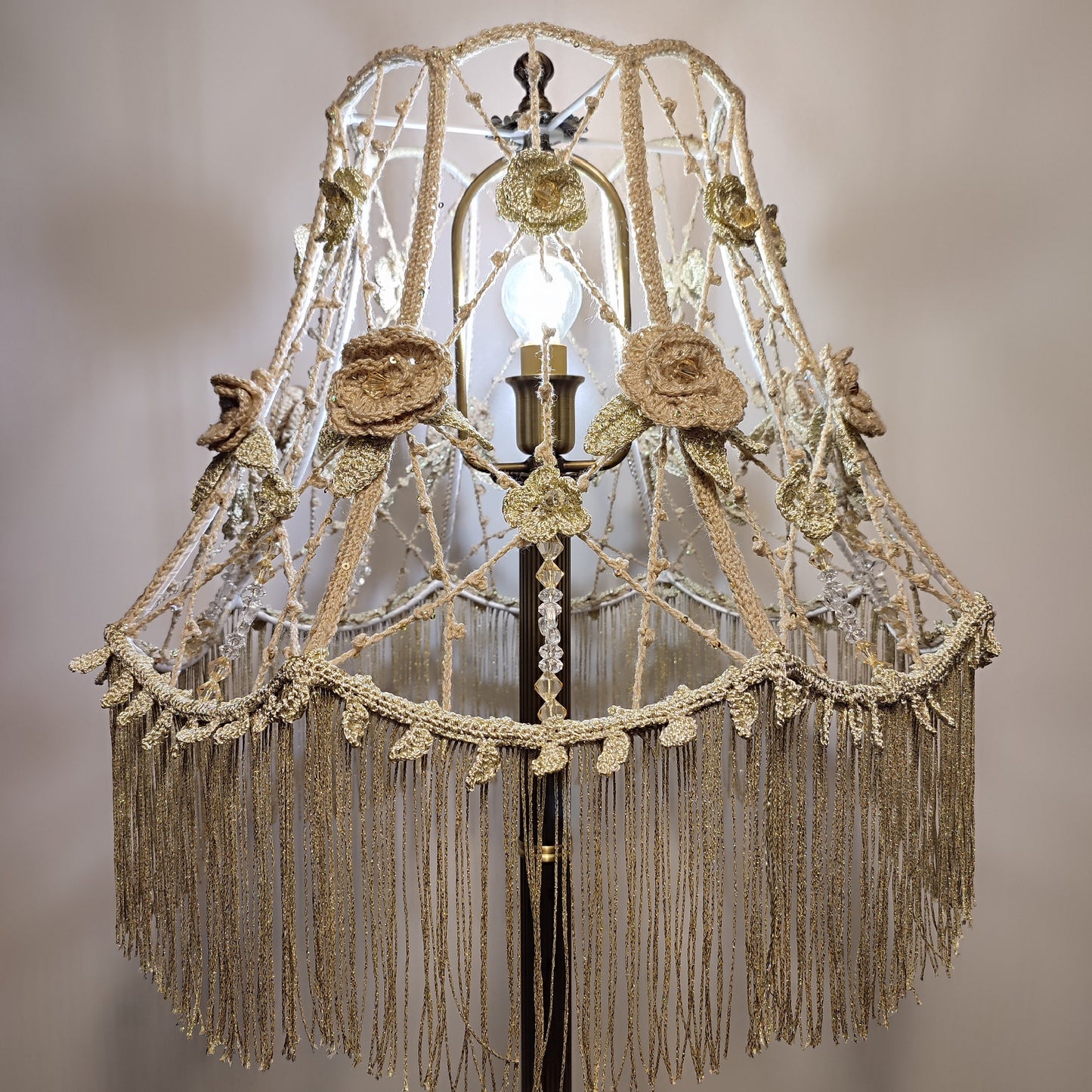 Lampshade, Chic macrame lampshade with beads, floral accents and fringe. 2004