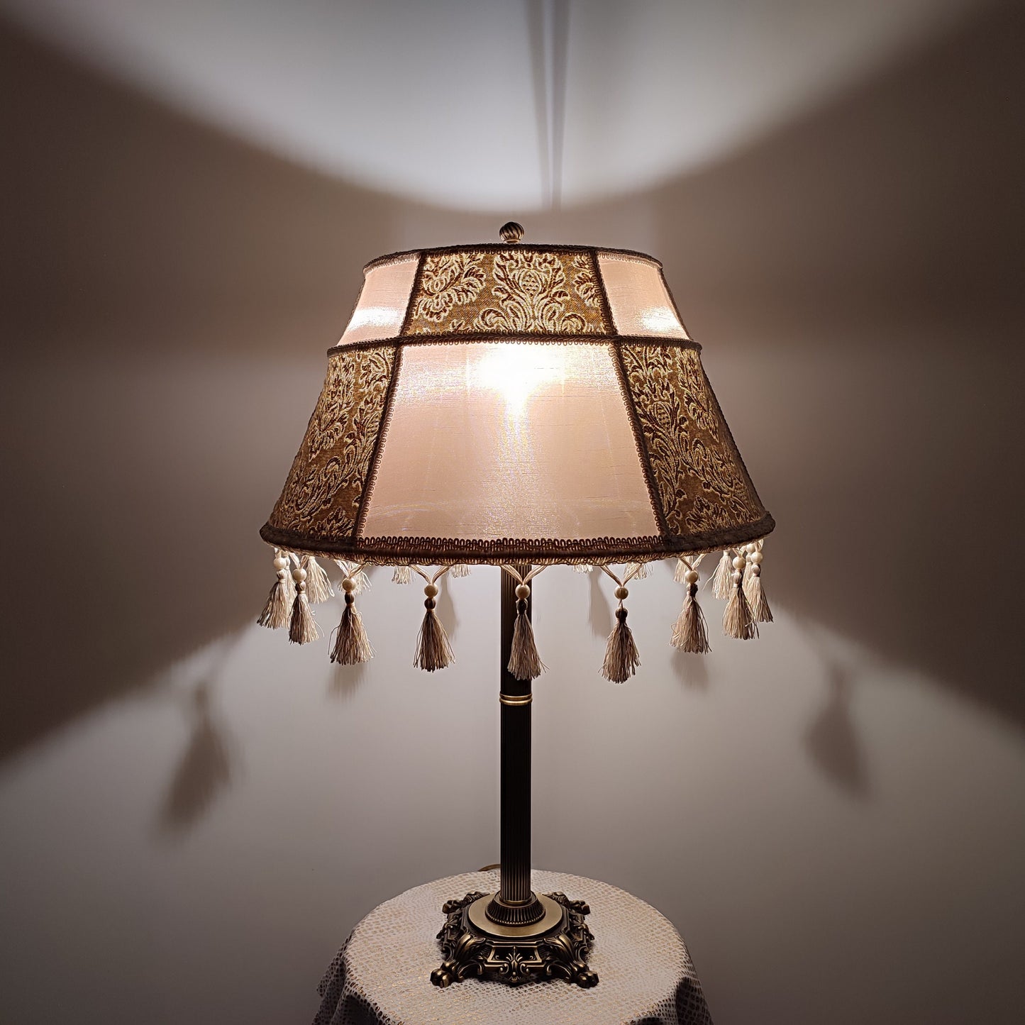 Table lamp, art deco lamp, antique lamp, bronze base with fabric shade, handmade home lamp. 7903