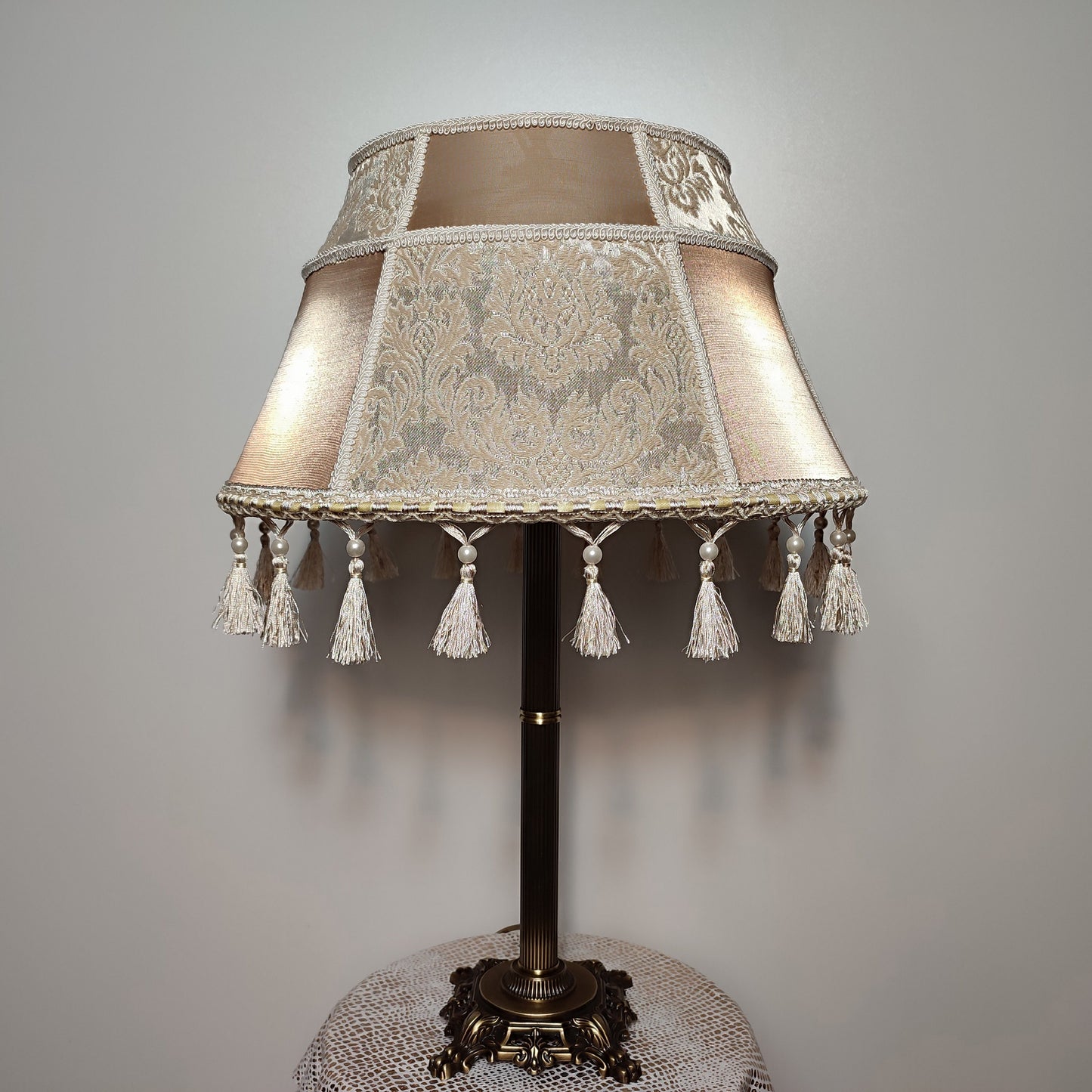 Table lamp, art deco lamp, antique lamp, bronze base with fabric shade, handmade home lamp. 7903