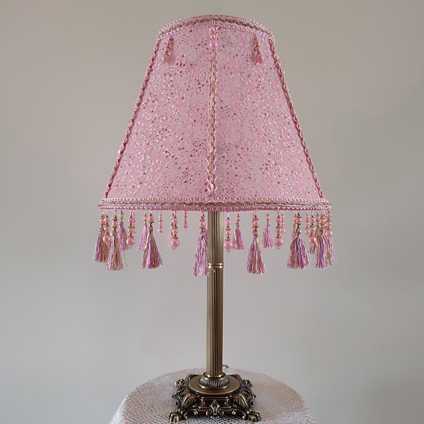 Pink guipure lampshade with rhinestones - a chic accessory for a handmade table lamp. 0504