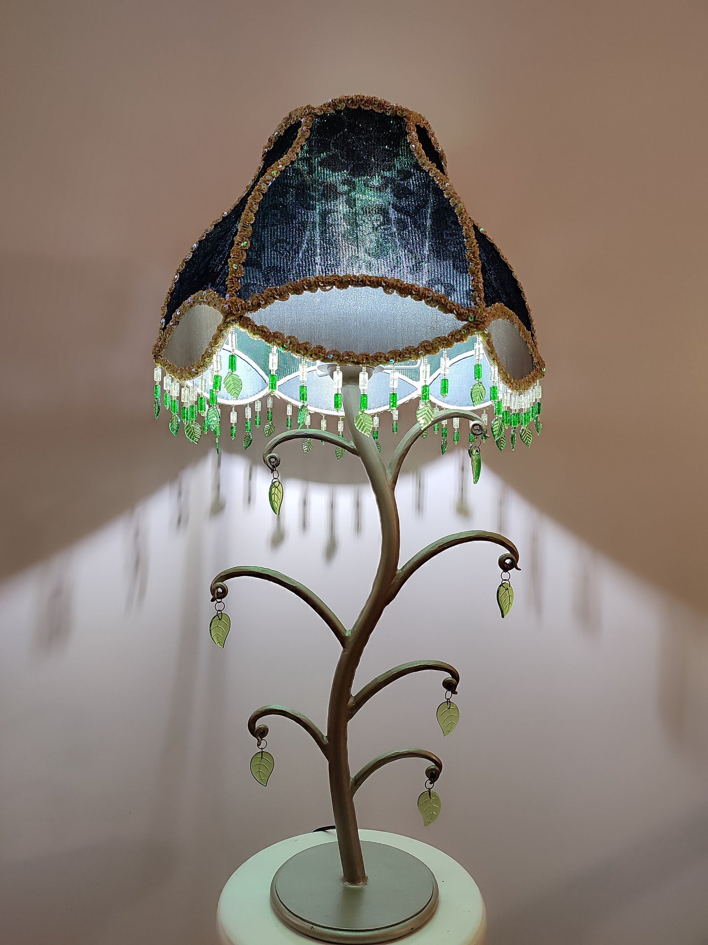 Table lamp with sequins, foliate accents and beaded fringe. Handmade green lamp. 4105