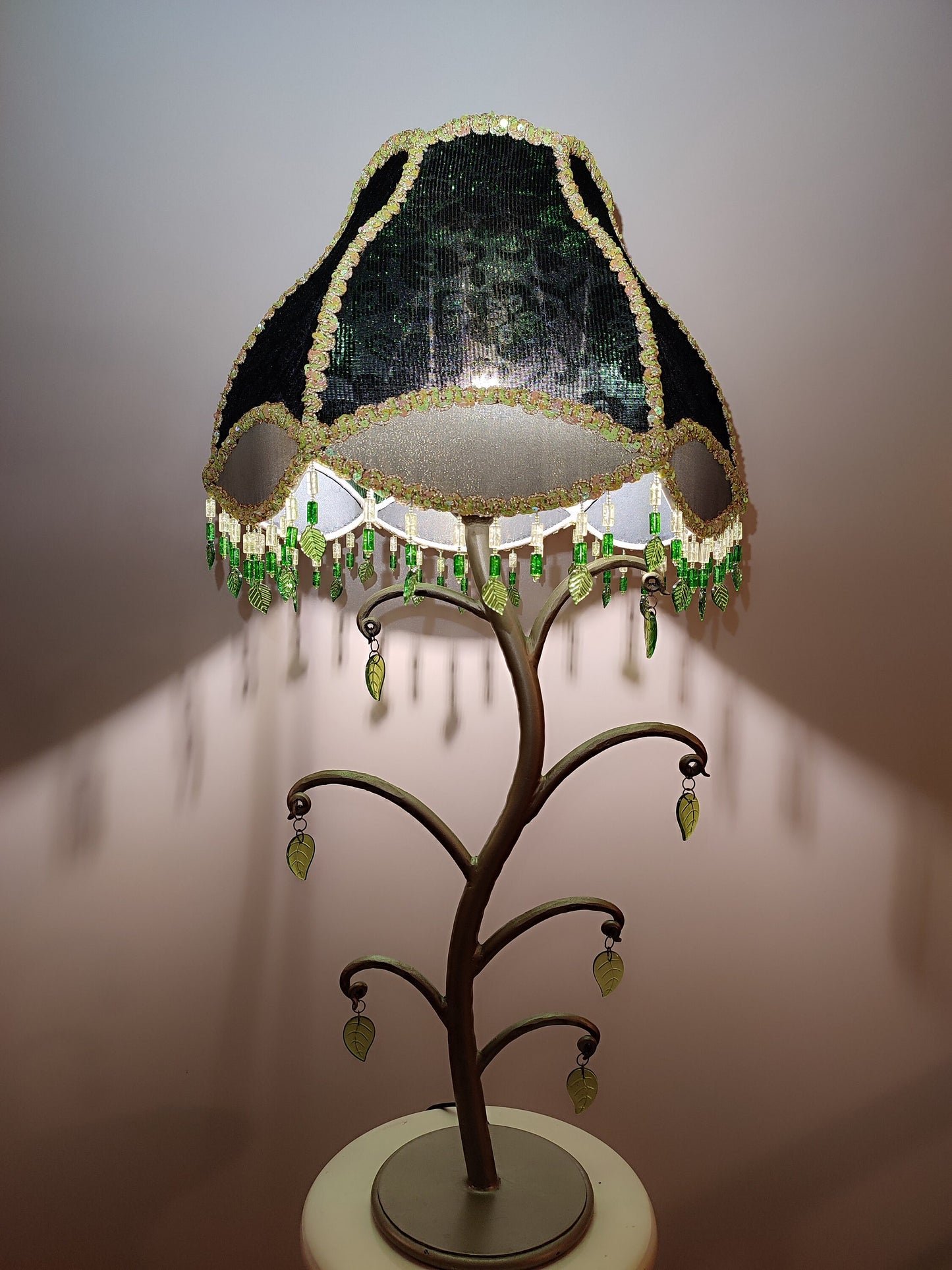 Table lamp with sequins, foliate accents and beaded fringe. Handmade green lamp. 4105