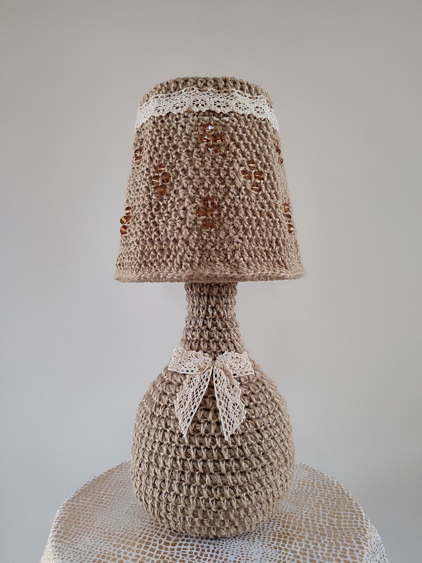 Crochet table lamp with lace accents and amber beads. PRODUCT TO ORDER. 4301