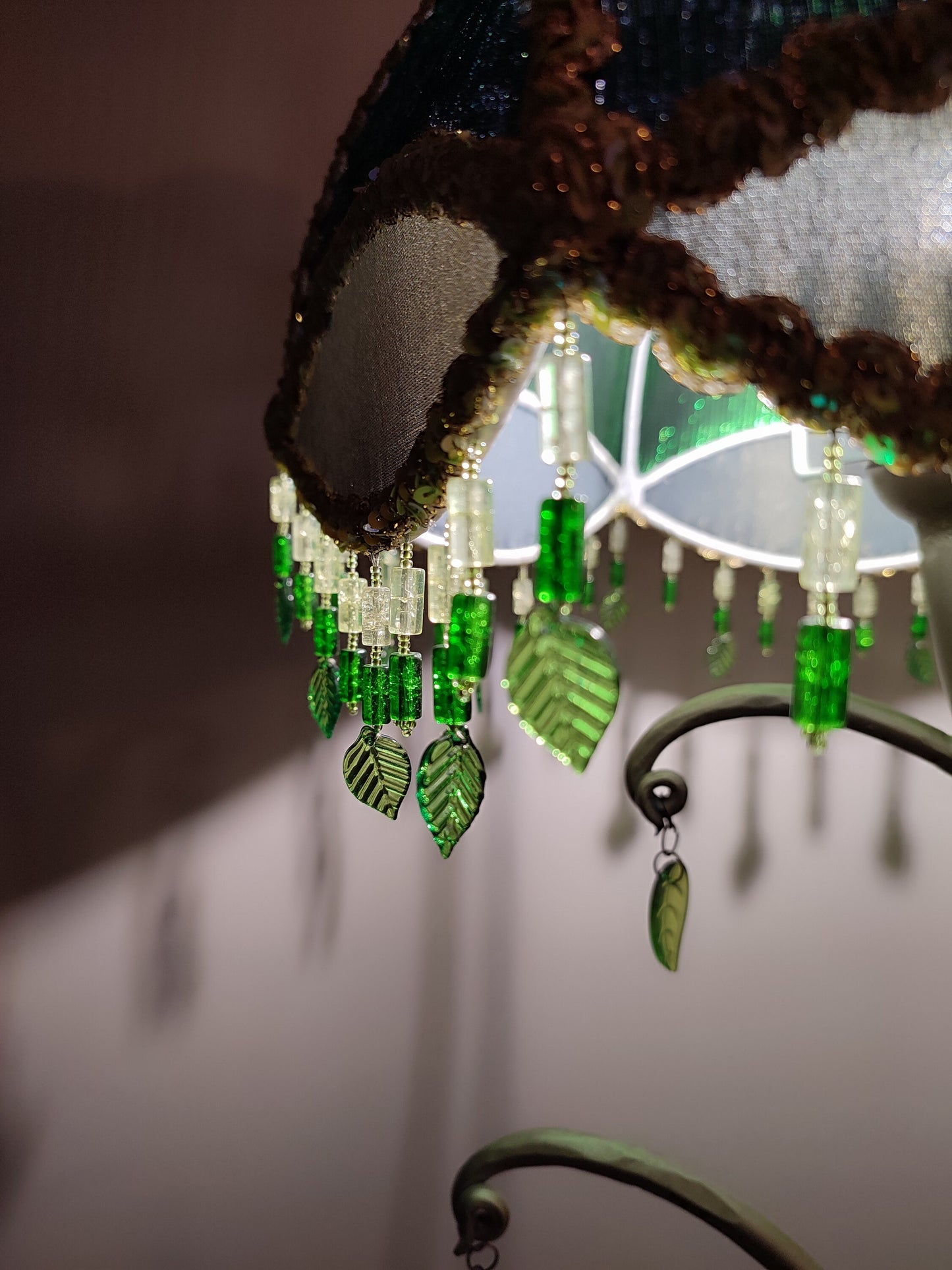 Table lamp with sequins, foliate accents and beaded fringe. Handmade green lamp. 4105