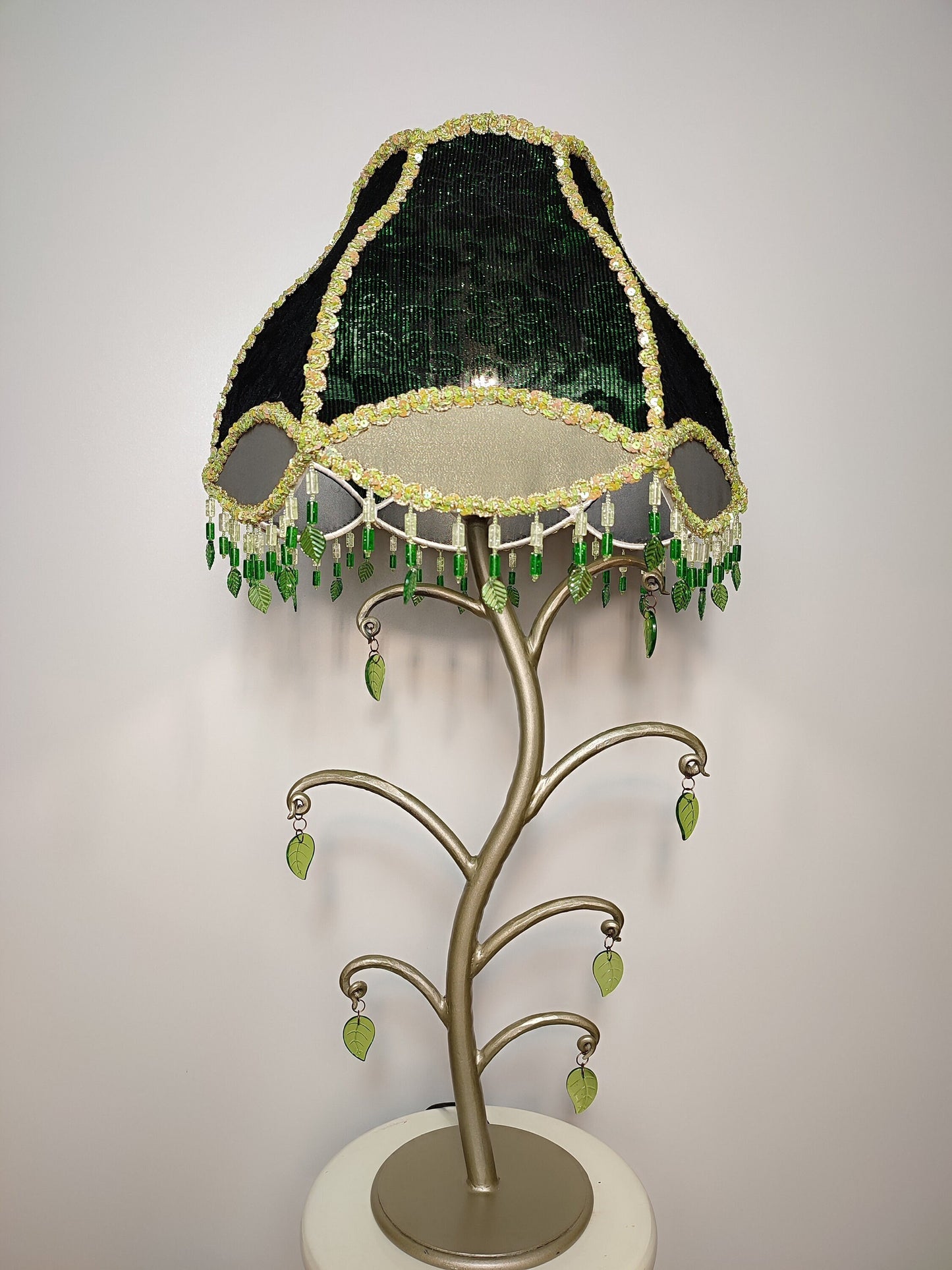 Table lamp with sequins, foliate accents and beaded fringe. Handmade green lamp. 4105