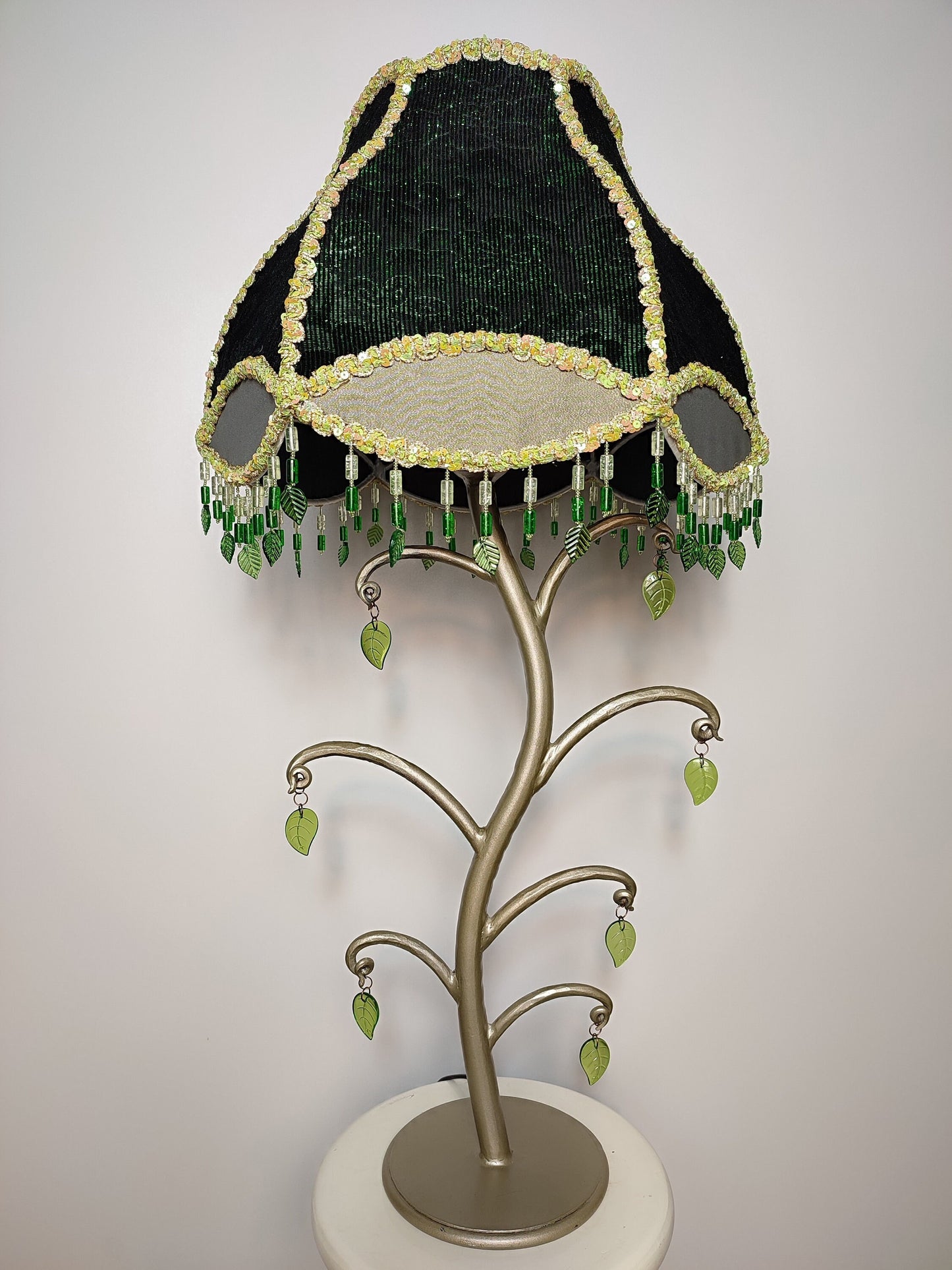 Table lamp with sequins, foliate accents and beaded fringe. Handmade green lamp. 4105