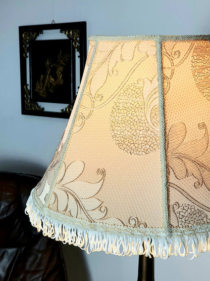 Victorian-style floor lamp with a patterned fabric shade. 3808