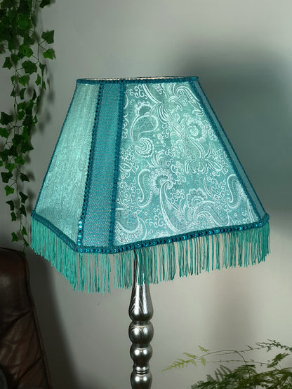 Fabric lampshade in turquoise color with sequins and fringe. Art deco styles. 3402