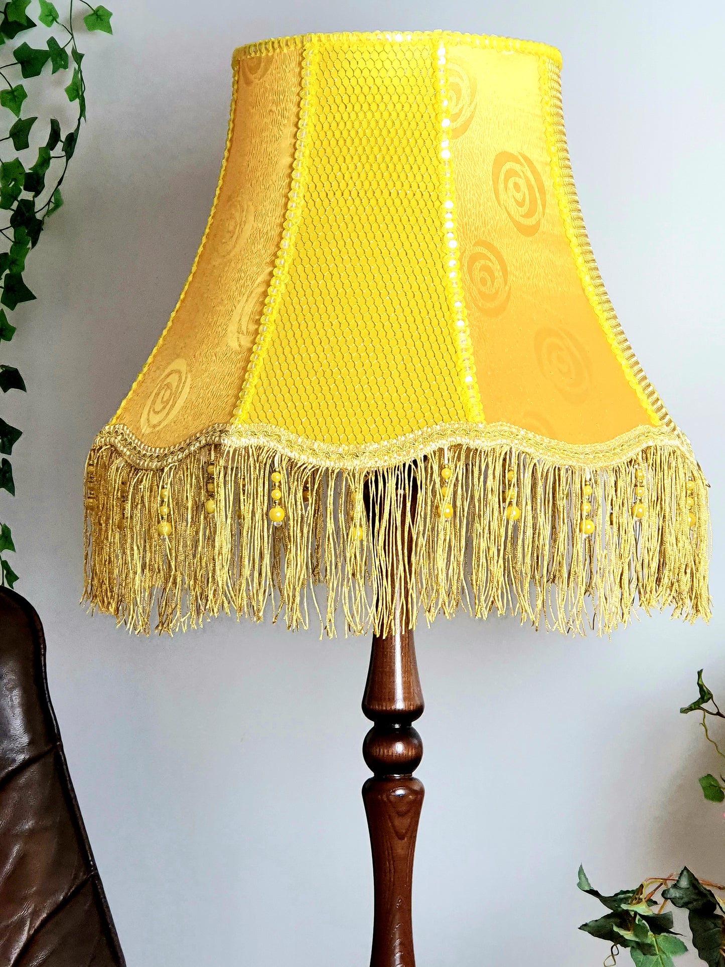 Floor lamp with yellow fabric shade with fringe. 4701 Product to order!