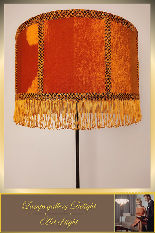 Large orange velvet lampshade with handmade fringe for floor lamps. № 5807 We'll make it to order