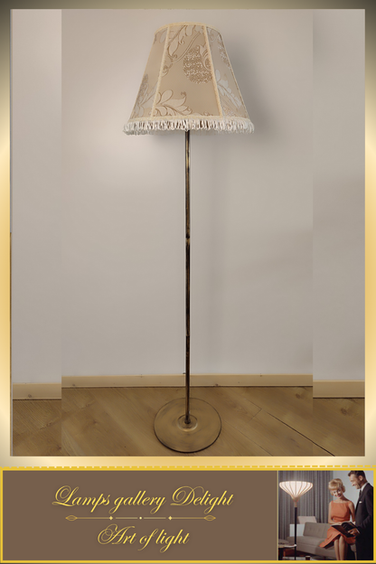 Victorian-style floor lamp with a patterned fabric shade. 3808