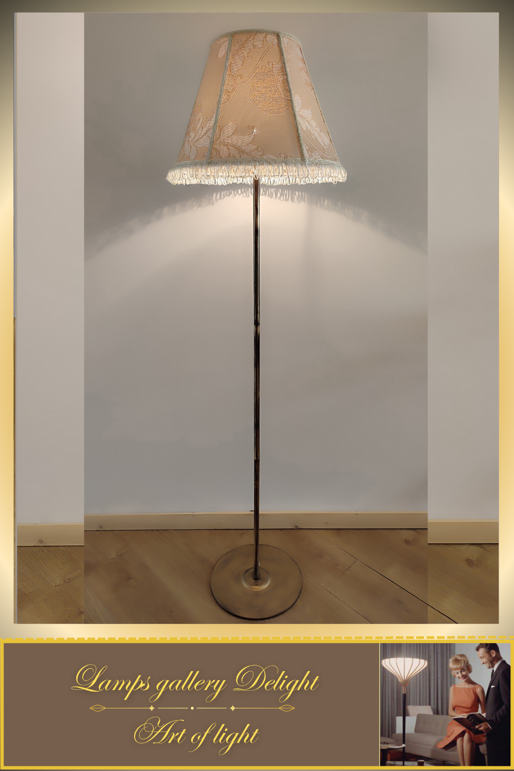Victorian-style floor lamp with a patterned fabric shade. 3808