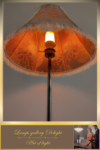 Victorian-style floor lamp with a patterned fabric shade. 3808