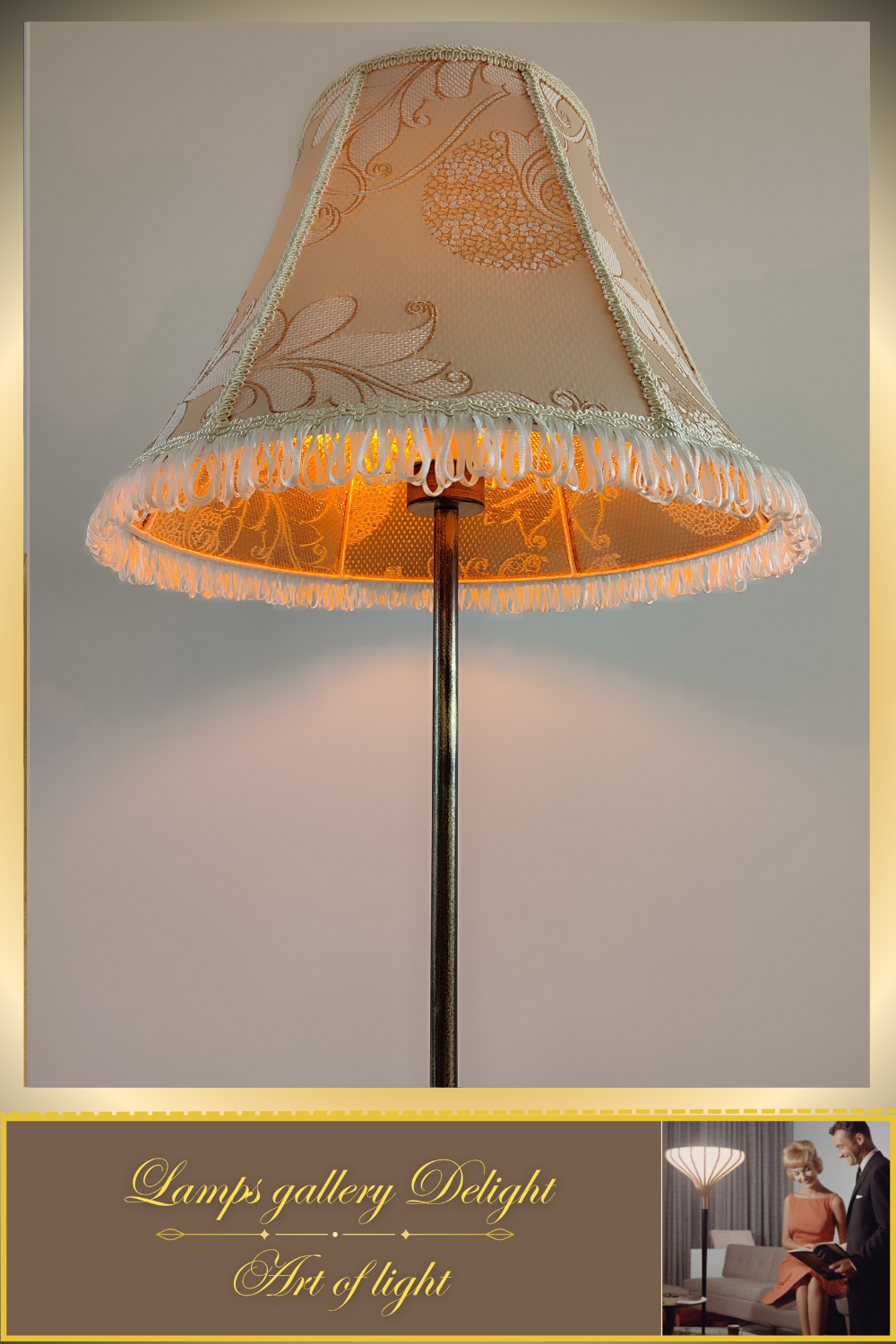 Victorian-style floor lamp with a patterned fabric shade. 3808