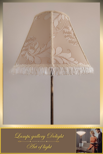 Victorian-style floor lamp with a patterned fabric shade. 3808