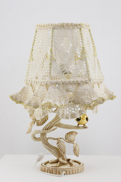 Victorian crochet table lamp with artistic wrought iron base