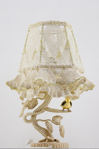 Victorian crochet table lamp with artistic wrought iron base