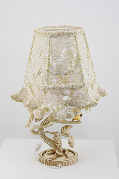 Victorian crochet table lamp with artistic wrought iron base